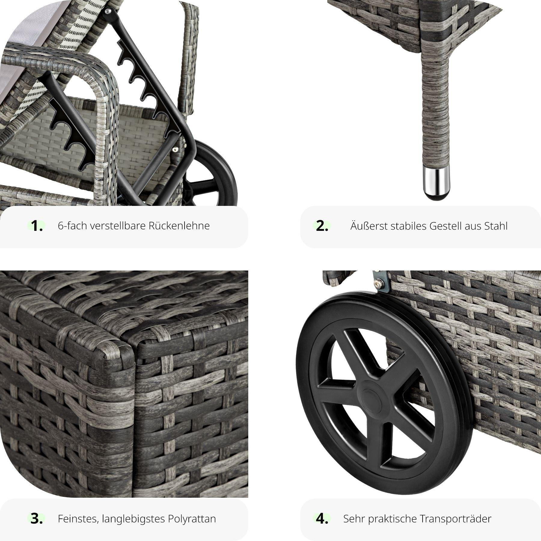 Tectake Sonnenliege Rattan mit Rollen