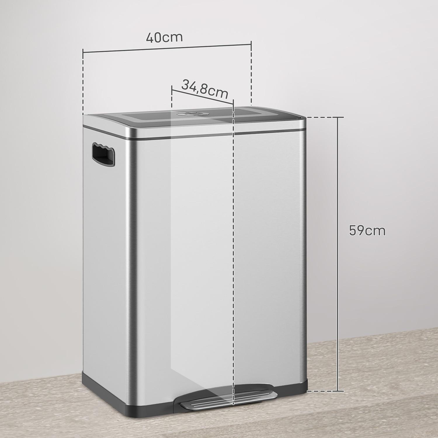 Northio Mülleimer 40L Treteimer Abfalleimer mit Deckel und Fußpedal, Müllbehälter mit 2 Inneneimern, Soft-Close-Funktion für Wohnzimmer, Büro, Edelstahl, Silber, 40 x 34,8 x 59 cm |