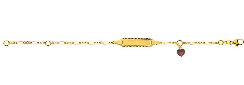 MUAU Schmuck Bébé Bracelet Figaro Gelbgold 750, 14cm Gravurplatte 2cm Emaille-Herz-Anhänger