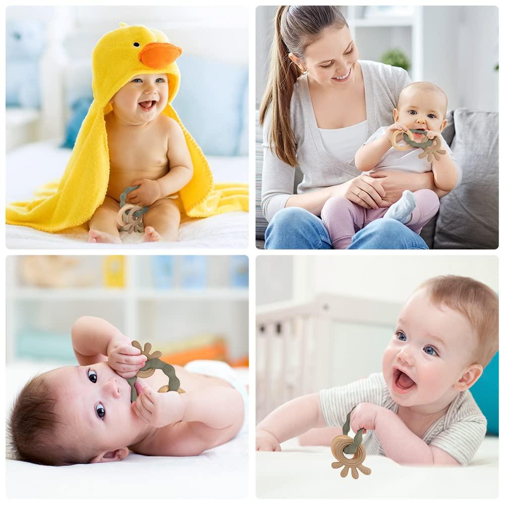 Activity-board Beißring für Babys, Beißring-Spielzeug aus Silikon und Holzringen, Baby-Beißhilfe BPA-frei, schmerzlinderndes Beißzubehör