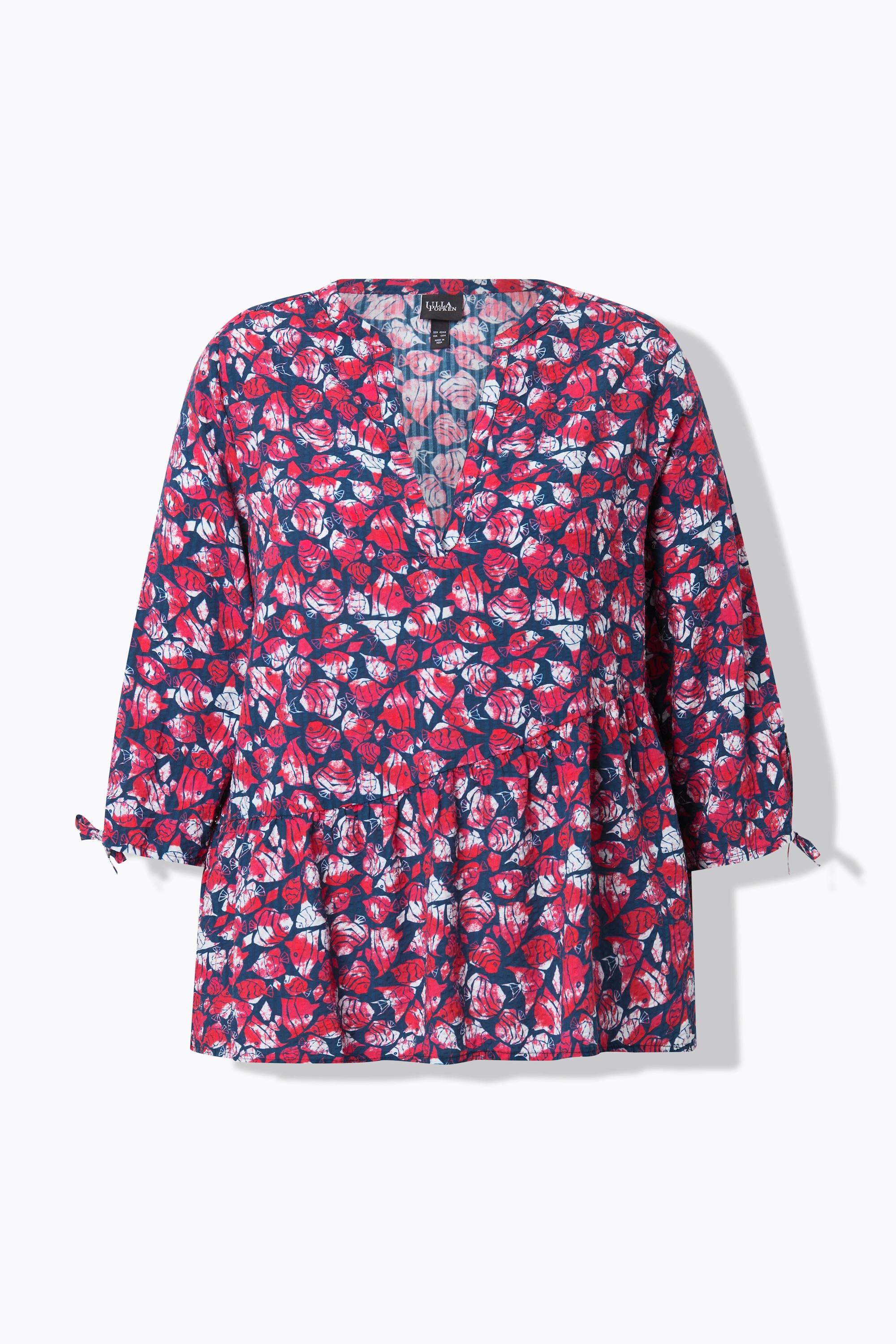 Ulla Popken Bluse, Fische, A-Linie, V-Ausschnitt, 3/4-Arm