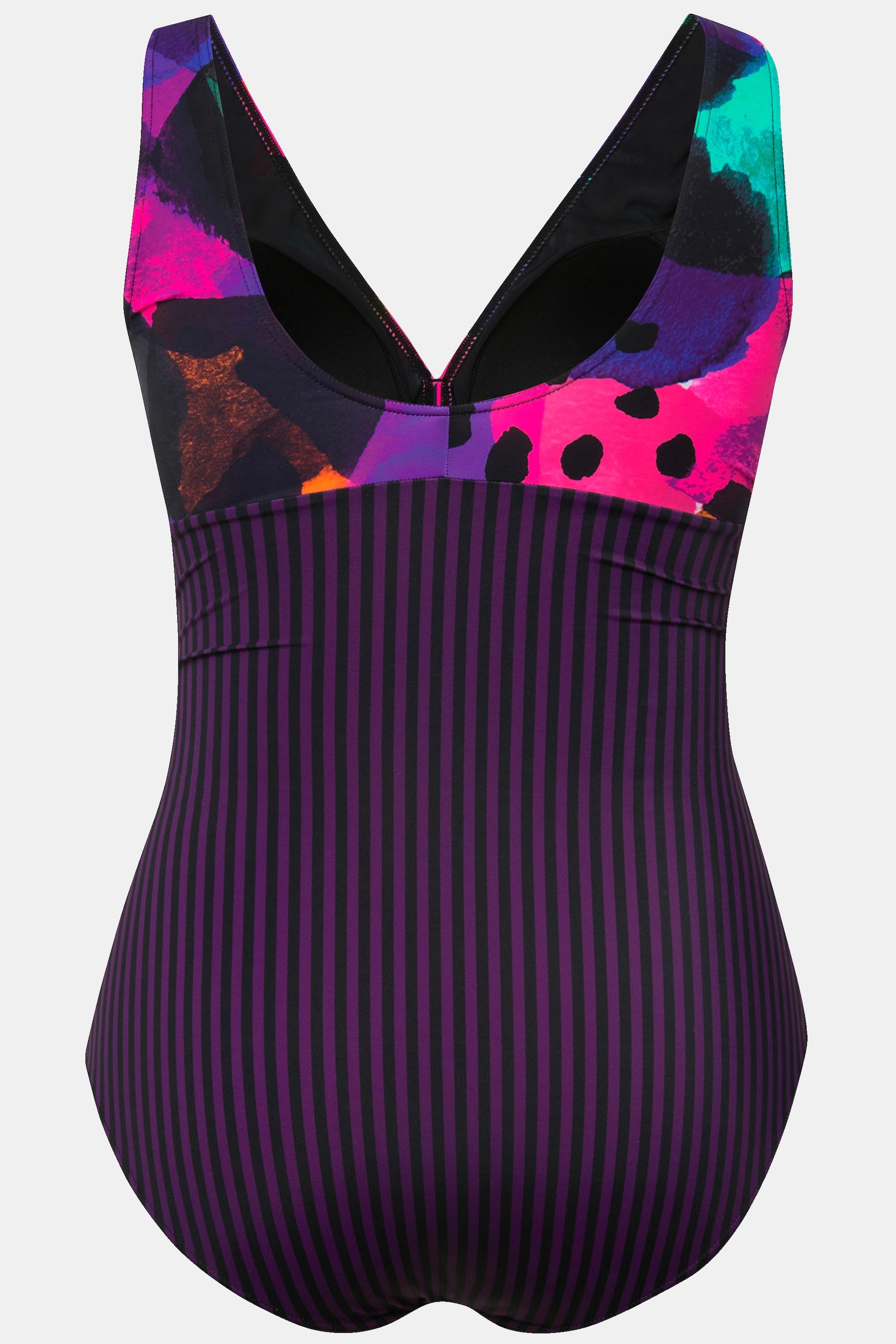 Ulla Popken Badeanzug, Neondruck, Streifen, Softcups, Ring