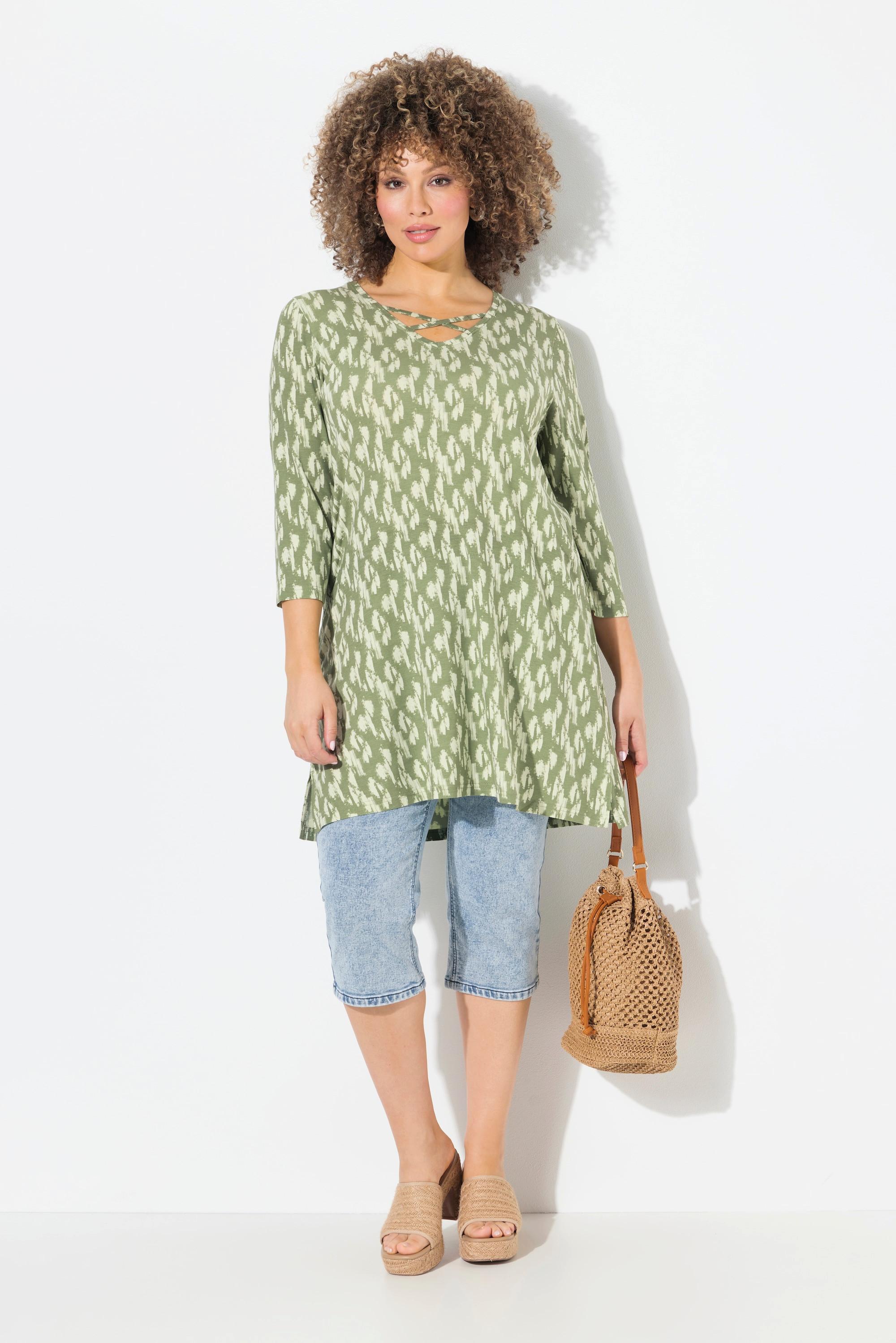 Ulla Popken Longshirt A-Linie Zierbänder V-Ausschnitt 3/4-Arm