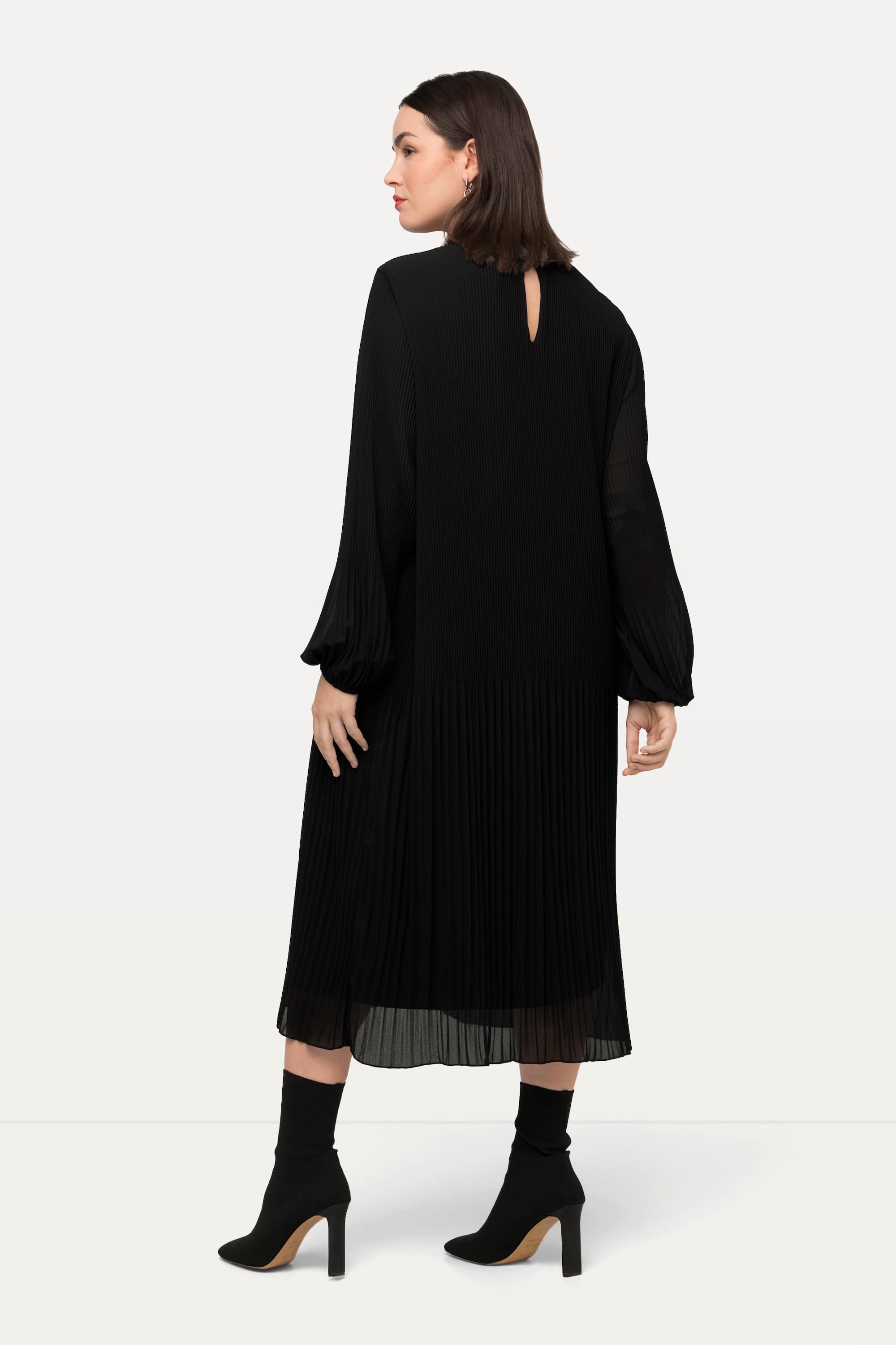 Ulla Popken Plissee Midikleid A-Linie Rundhals Langarm