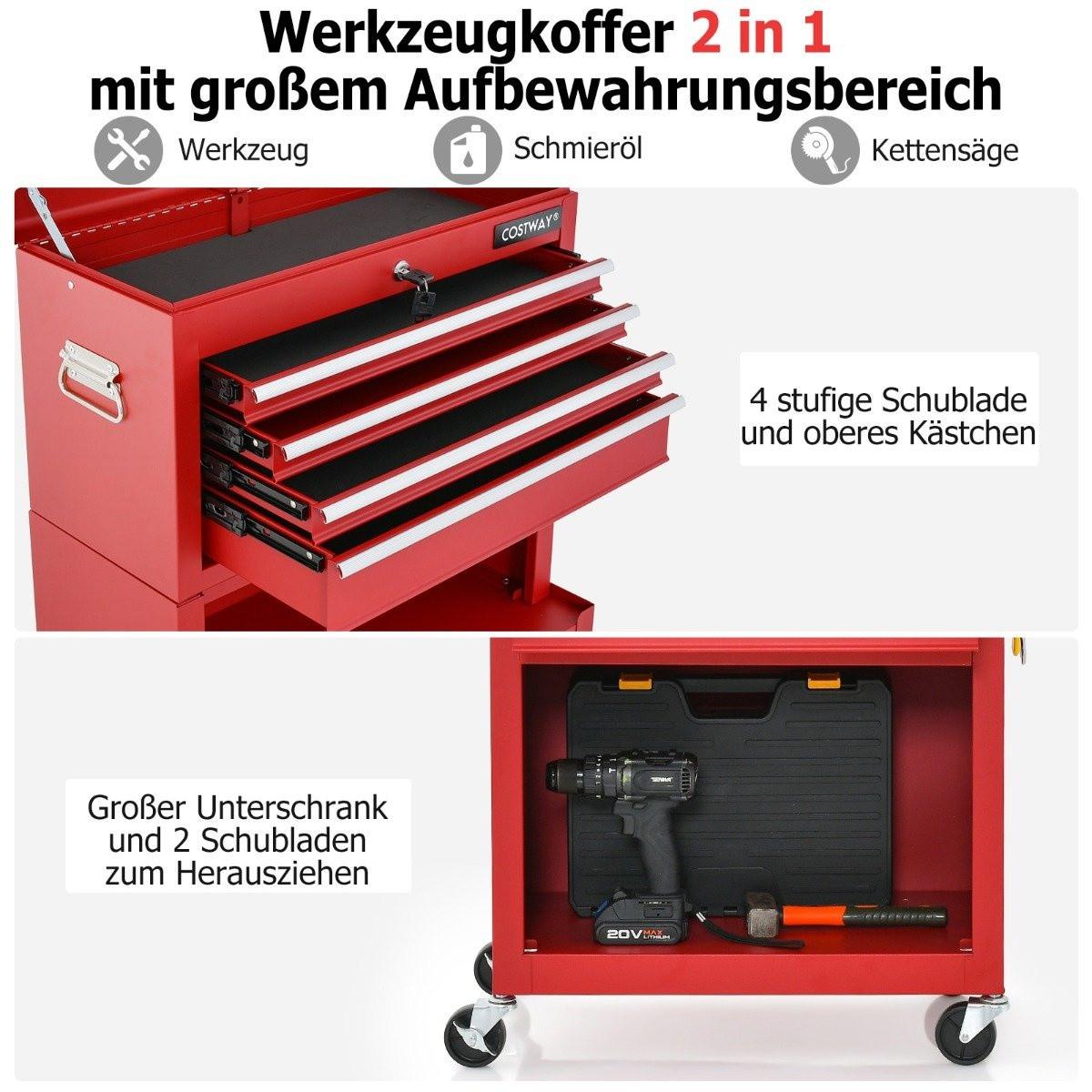 Northio Abschließbarer 2-in-1-Werkzeugtruhe mit hoher Kapazität Griff 6 Schubladen & 4 Rädern abnehmbare Rot