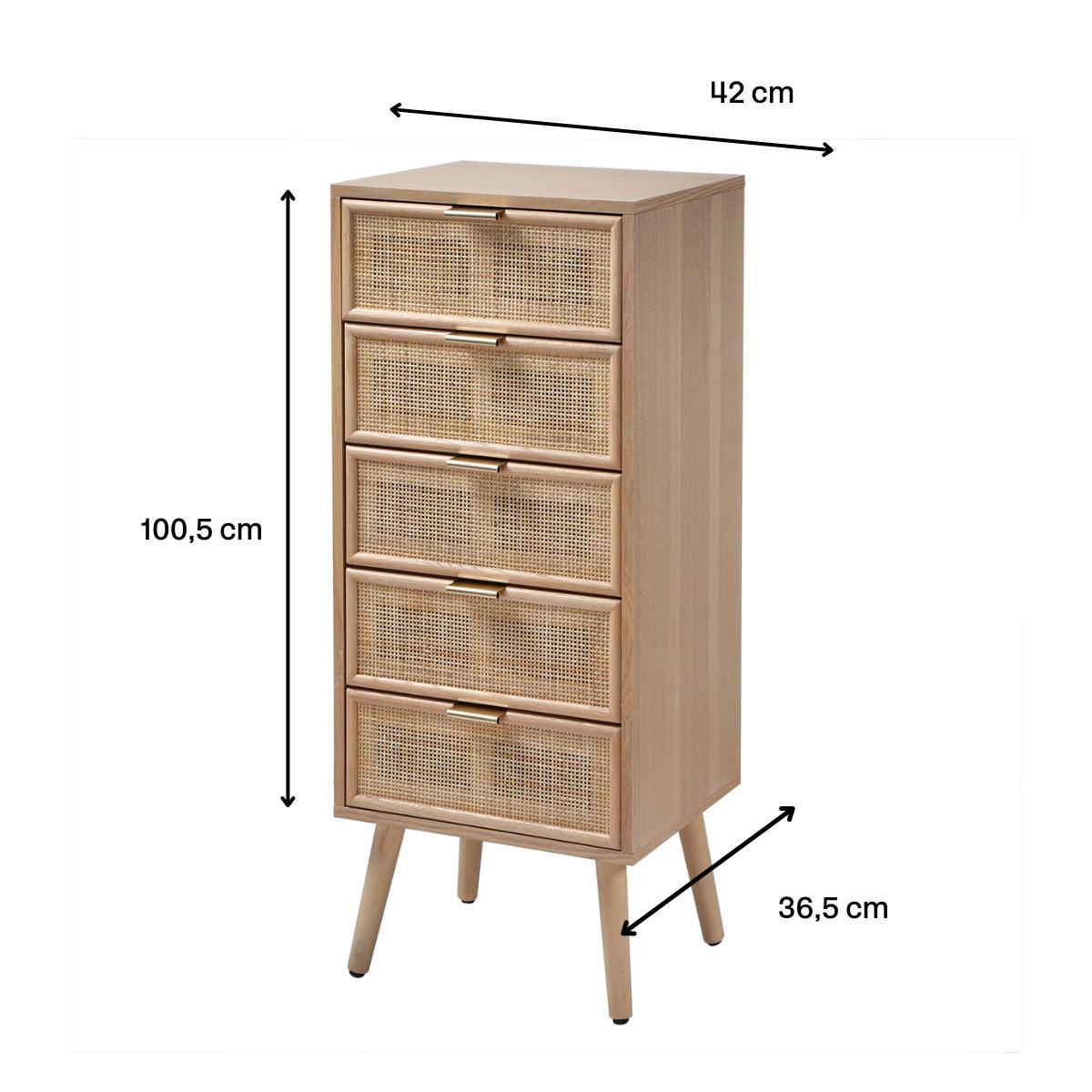Calicosy Kommode mit 5 Schubladen und Fronten aus natürlichem Rattan - H100,5 cm - MIYA