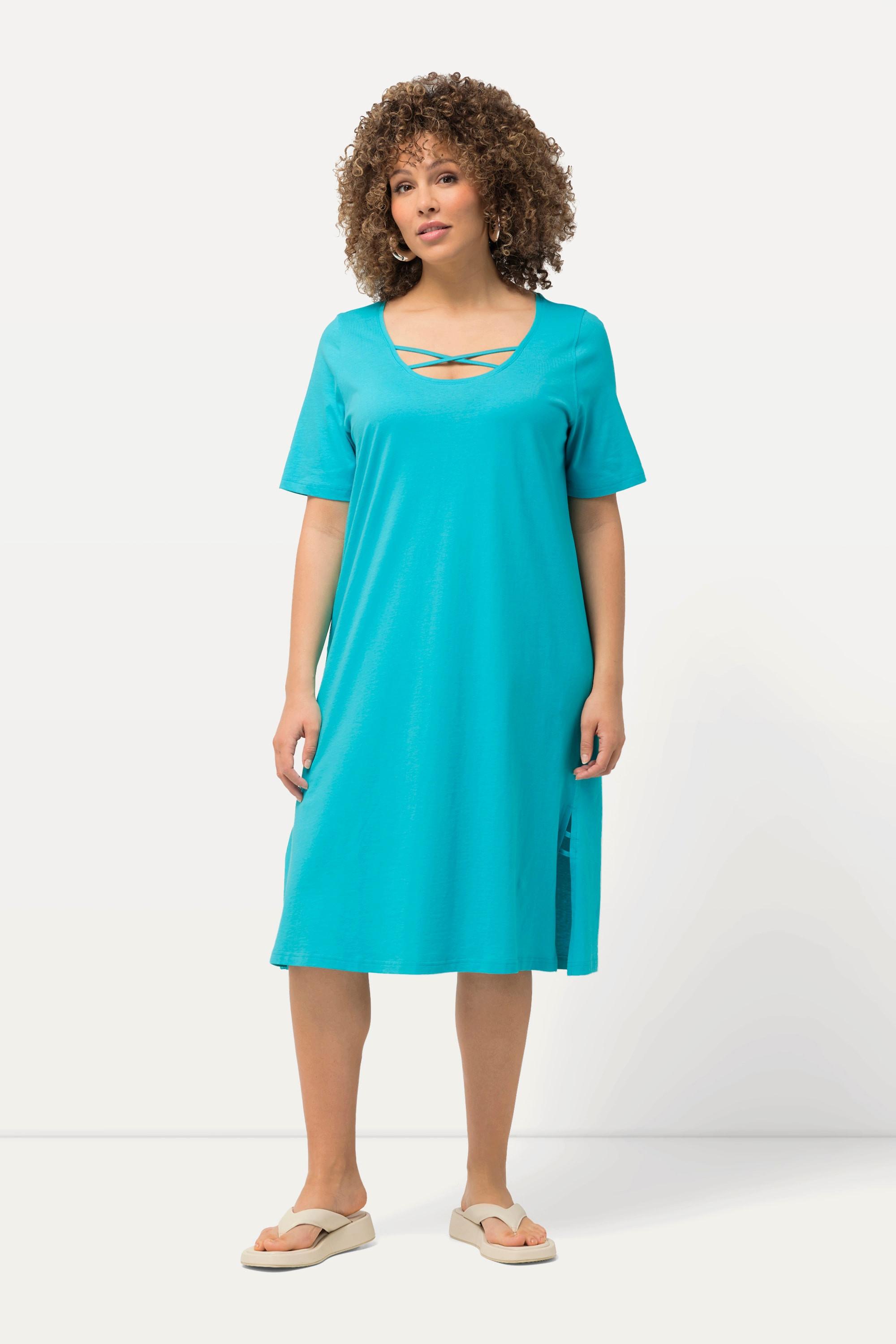 Ulla Popken Jerseykleid A-Linie mit Zierbändern Rundhals Halbarm