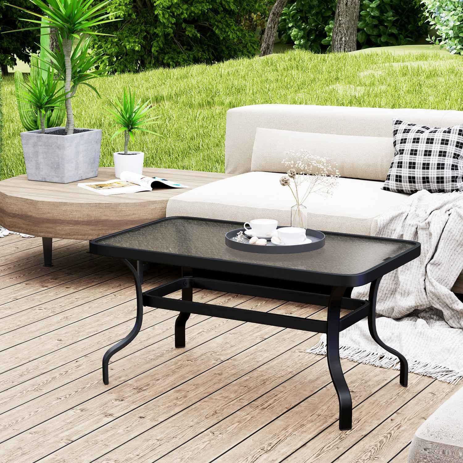 Northio Beistelltisch Hartglas Kaffeetisch Couchtisch mit Wellendesign, Abgerundete Ecke Balkontisch Gartentisch Sofatisch Teetisch Gartenmöbel für Wohnzimmer Garten Terrasse Balkon, 95x55 cm Schwarz Aosom