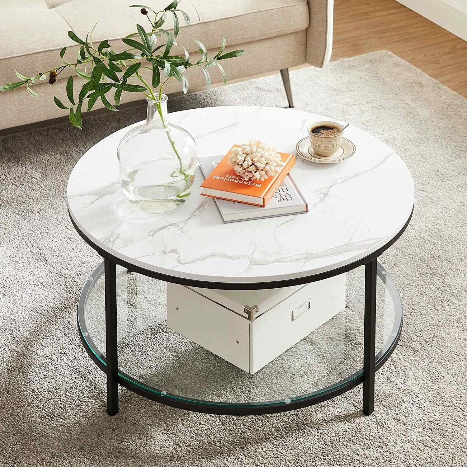 Pricenet Moderner Marmor-Couchtisch mit Glasablage und Stahlbeinen