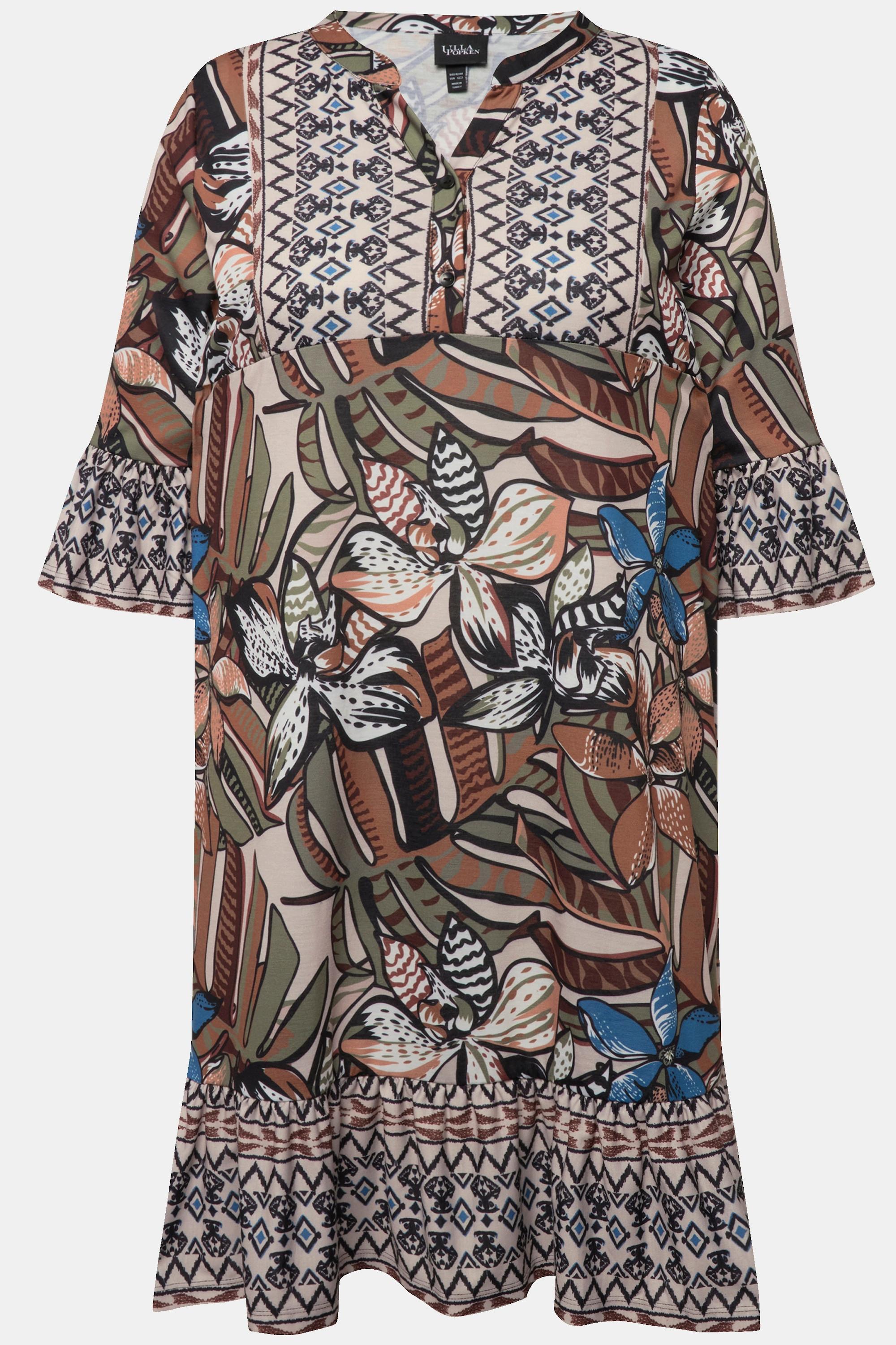 Ulla Popken Minikleid Volants A-Linie V-Ausschnitt 3/4-Arm