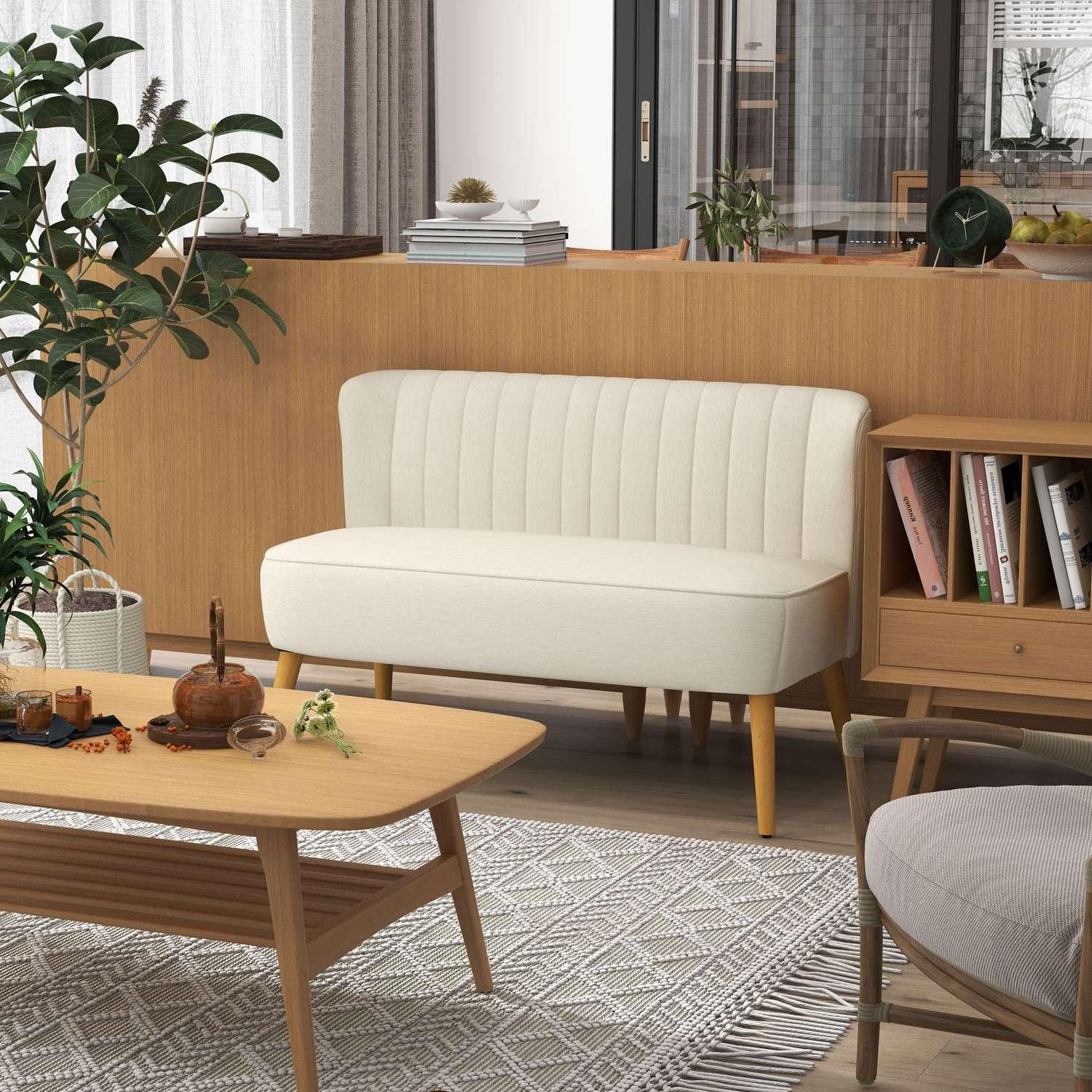 Northio 2-Sitzer Sofa Zweisitzer, Loveseat mit Leinenoptik, Doppelsofa mit Holzbeine, bis 150 kg Belastbar, Cremeweiß, 117 x 56,5 x 77 cm