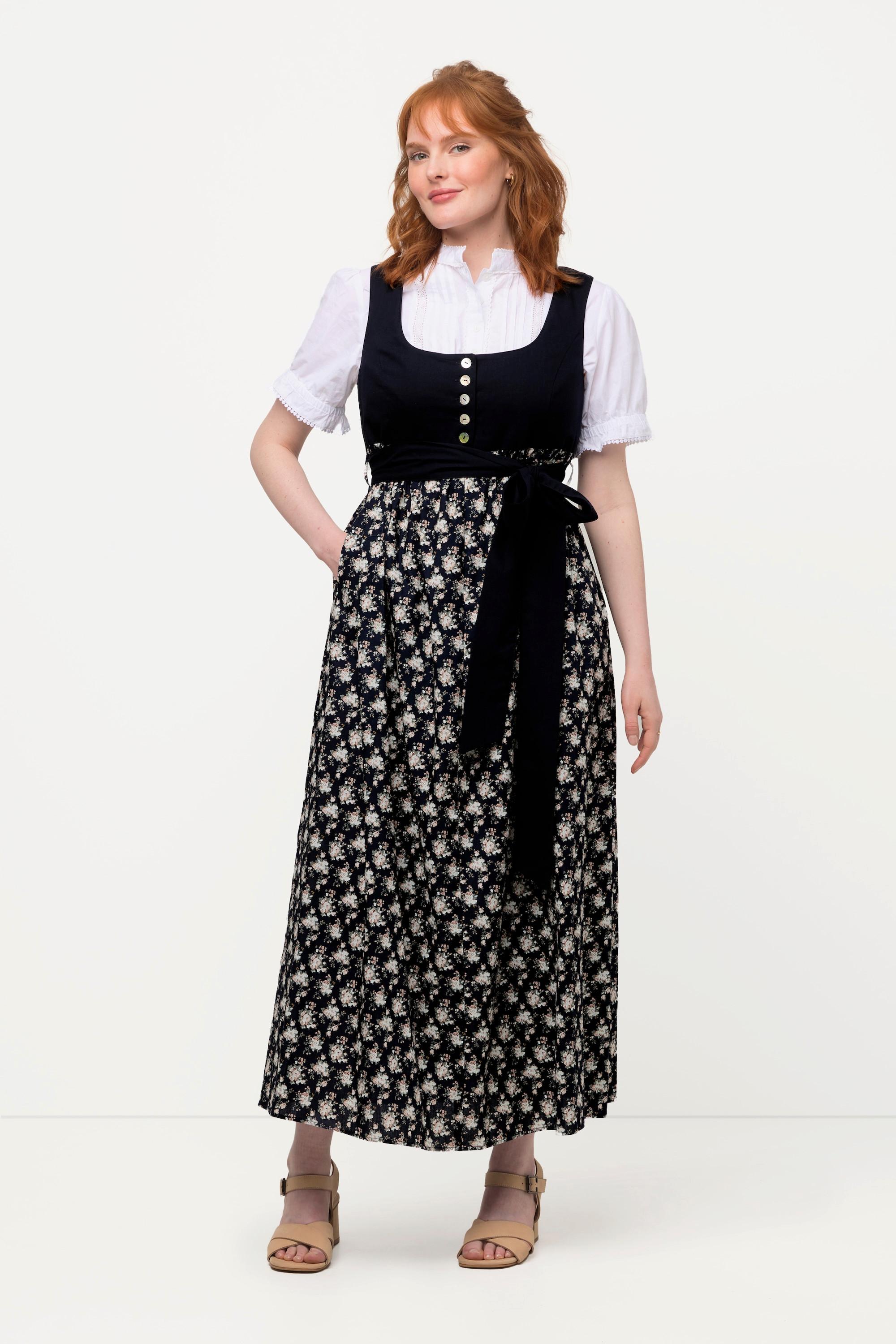 Ulla Popken Dirndl mit Blütenmuster und Bindeband