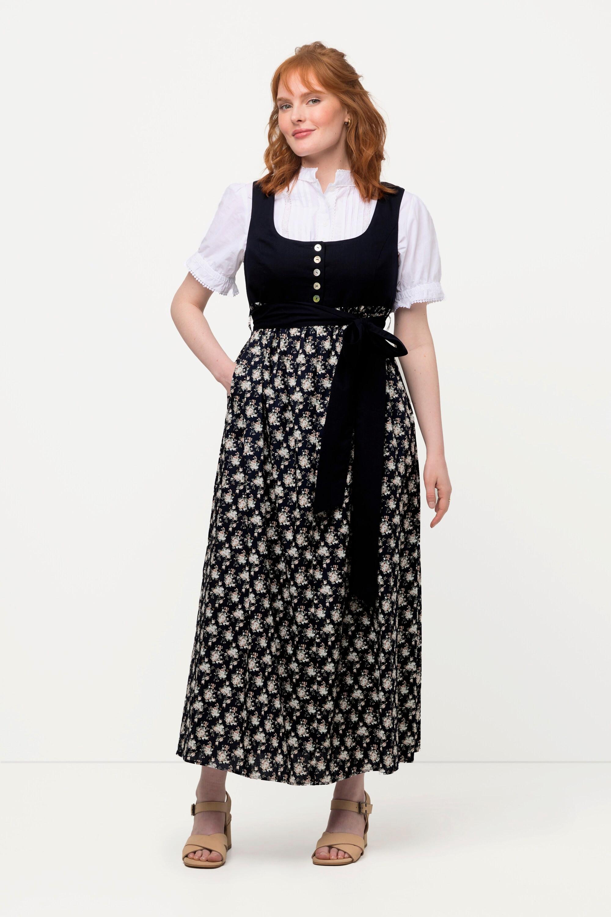 Ulla Popken Dirndl mit Blütenmuster und Bindeband