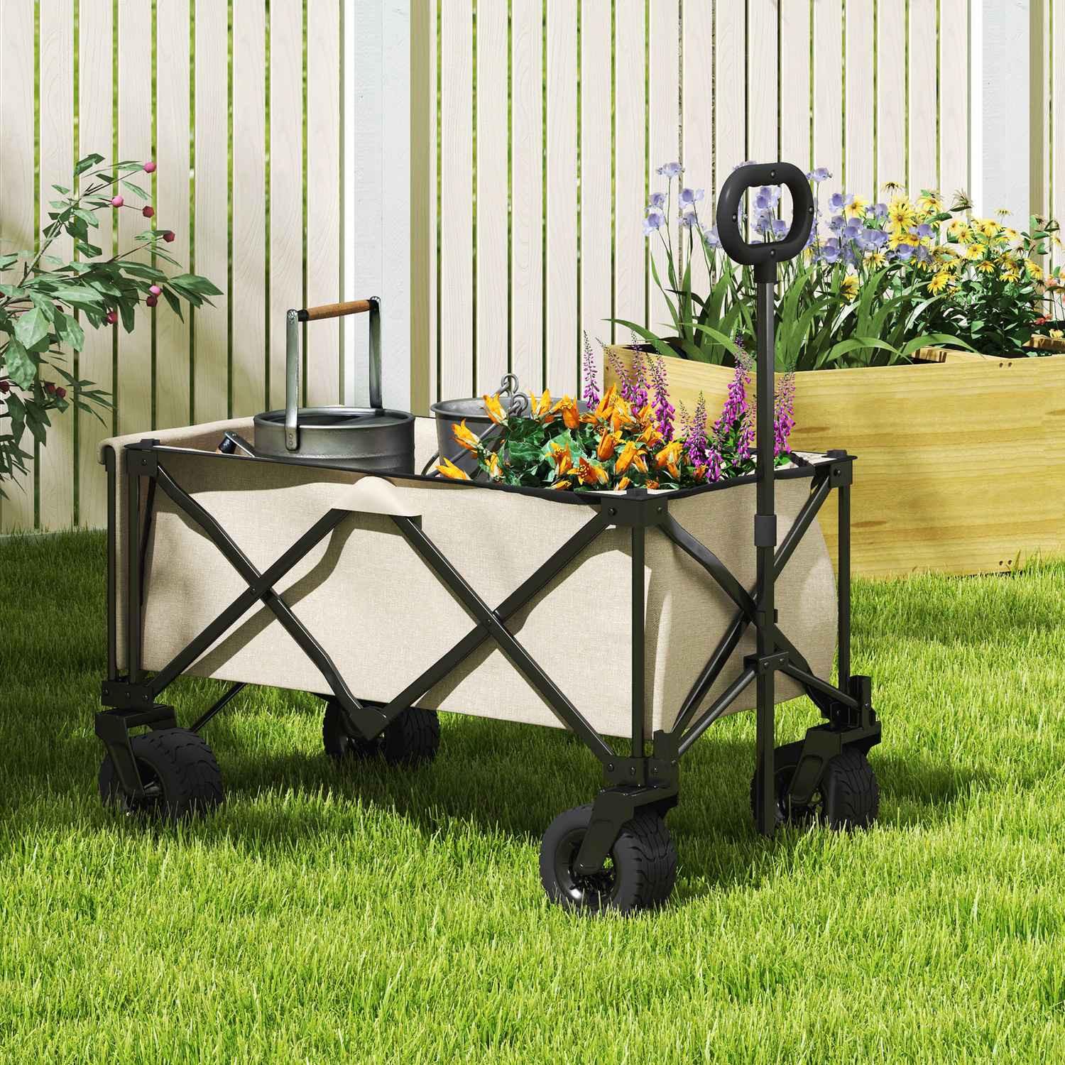 Northio Gartenwagen 100 kg belastbar, klappbar Transportwagen mit herausnehmbare Plane, Griff, Rädern, Bollerwagen Handwagen Gartenkarre 138 Liter, Gerätewagen für Haus, Garten Beige Aosom