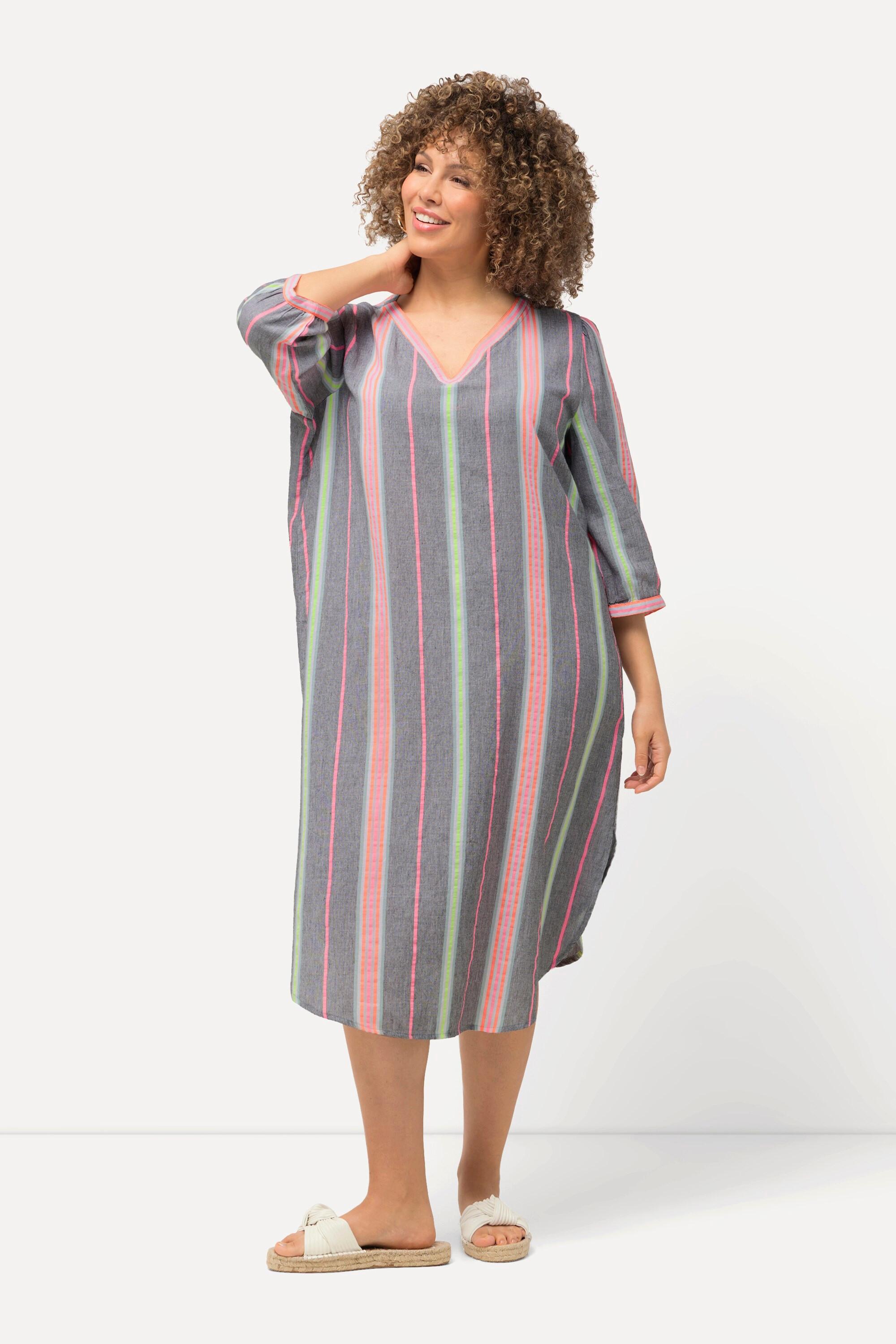 Ulla Popken Gestreifter Oversized V-Ausschnitt 3/4 Arm Kaftan