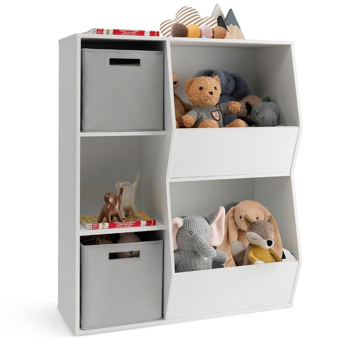 Northio Bücherregal Kinder 3-stöckiges Kinderregal mit 2 Boxen & 5 Fächern Weiß+Grau