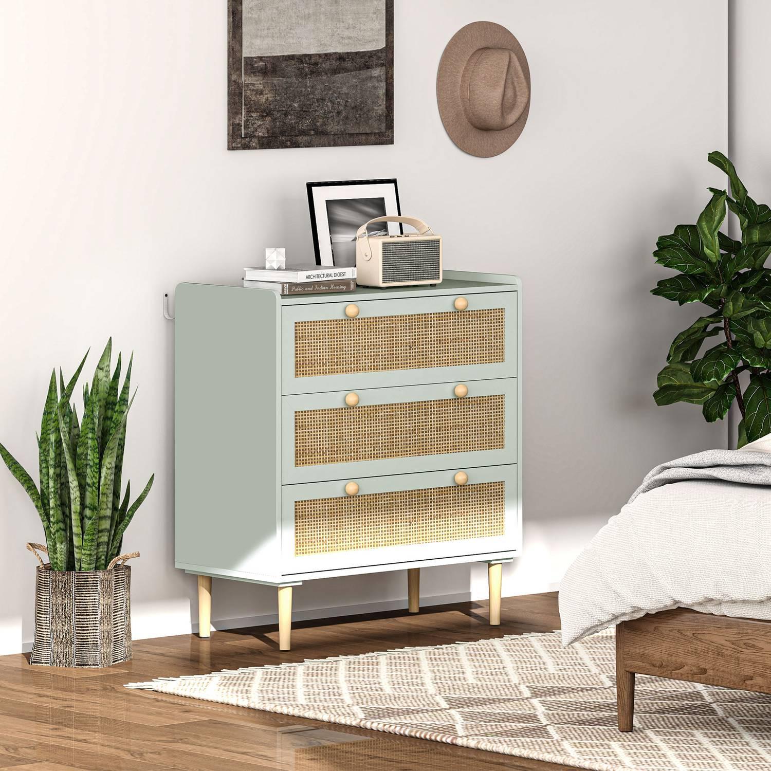 Northio Kommode Beistellschrank mit 3 Schubladen, Sideboard mit Boho-Stil, Rattanoptik, Schubladenkommode für Wohnzimmer, Schlafzimmer, Hellblau 80 x 40 x 87,5 cm Aosom