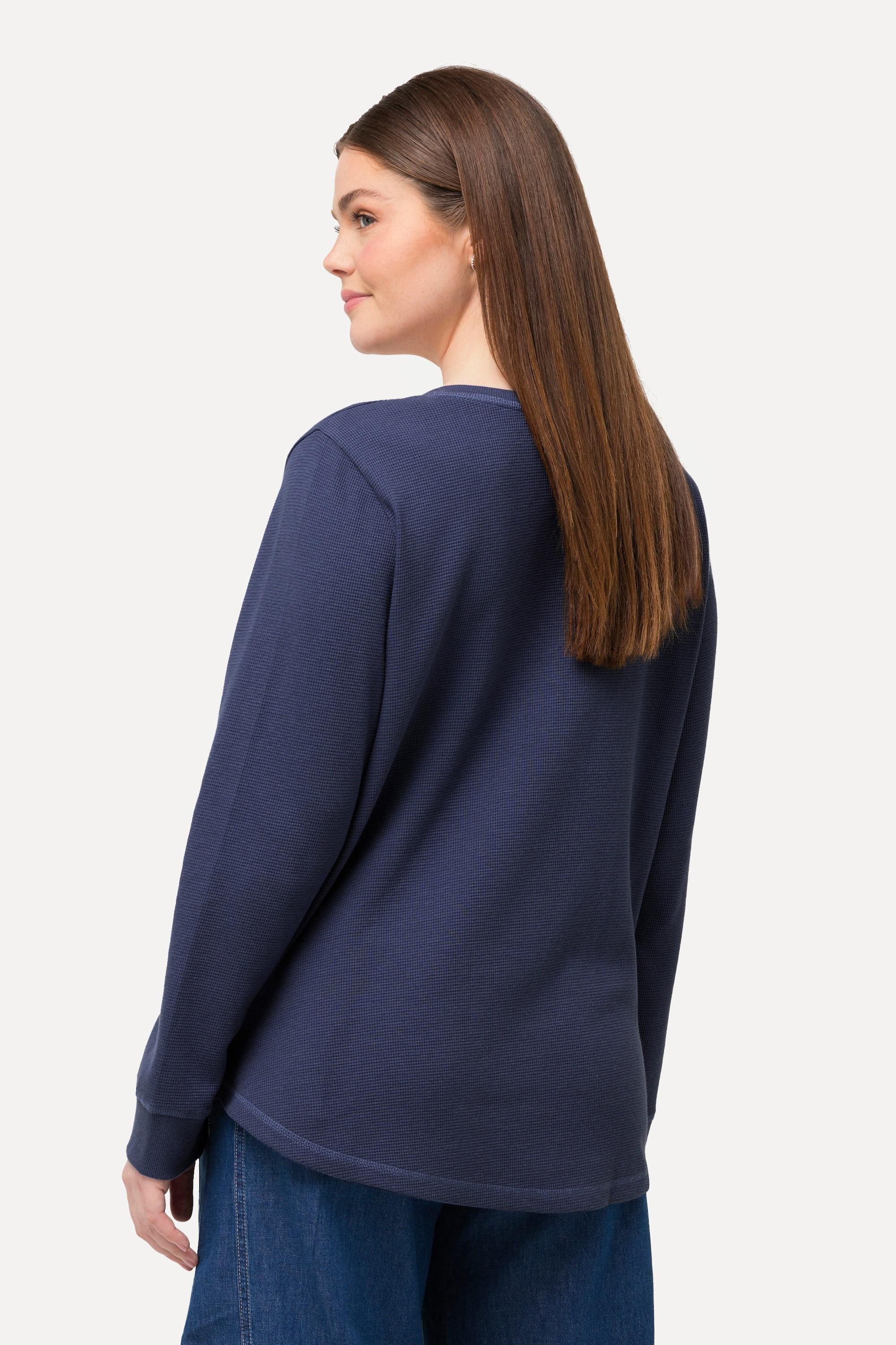 Ulla Popken Sweatshirt, Waffelstruktur, V-Ausschnitt, Biobaumwolle
