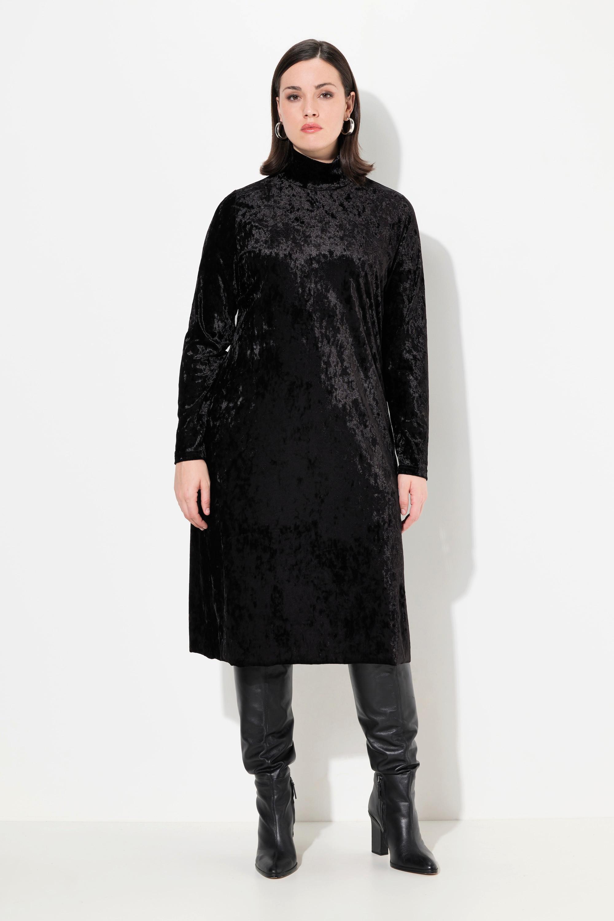 Ulla Popken Maxi Samtkleid Slim Fit mit Stehkragen Langarm