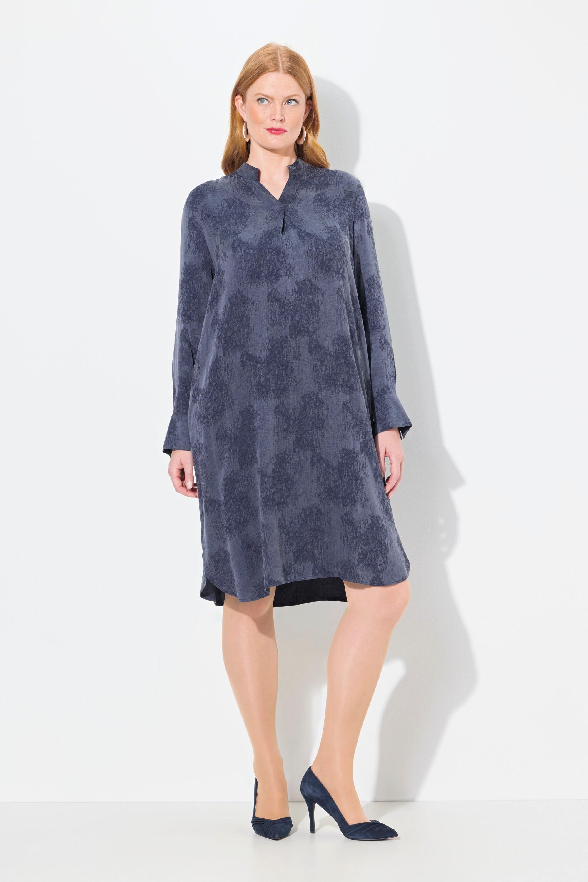 Ulla Popken Lyocell Kleid Stehkragen V-Ausschnitt Langarm