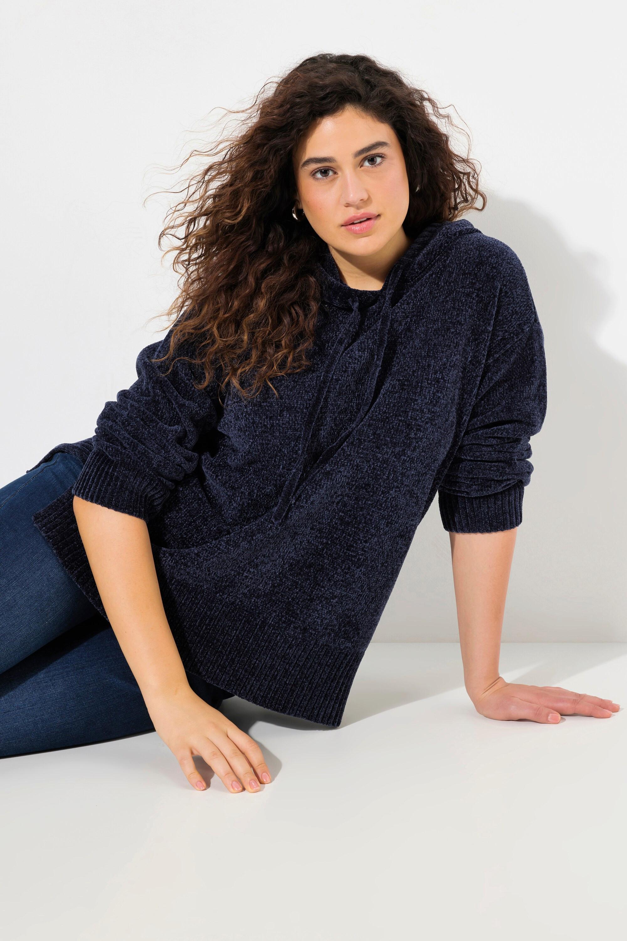 Ulla Popken Chenille-Hoodie, Kapuze, Kordel, Langarm
