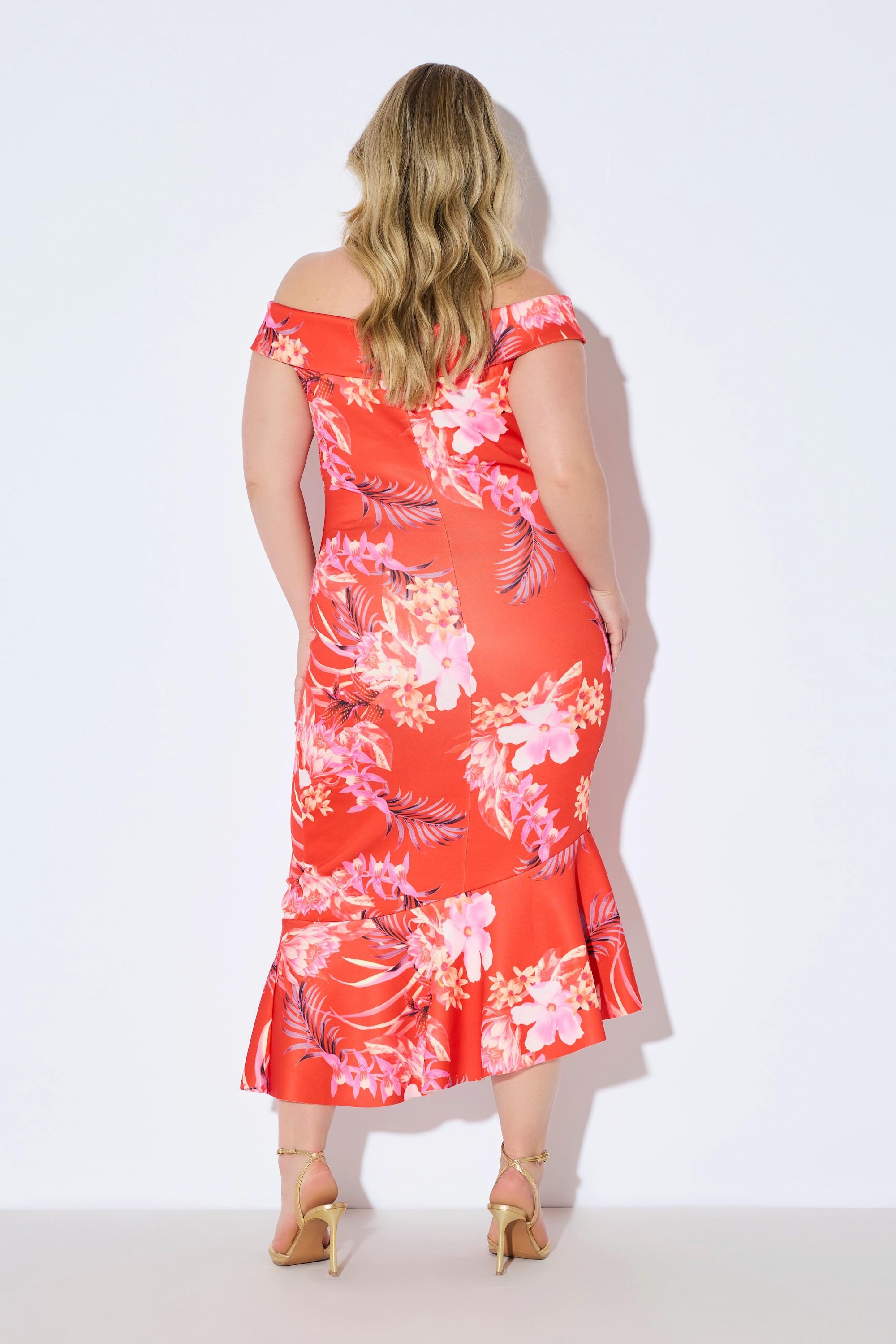 Ulla Popken Scuba Maxikleid mit Blumenmuster Carmenausschnitt und Drapierung