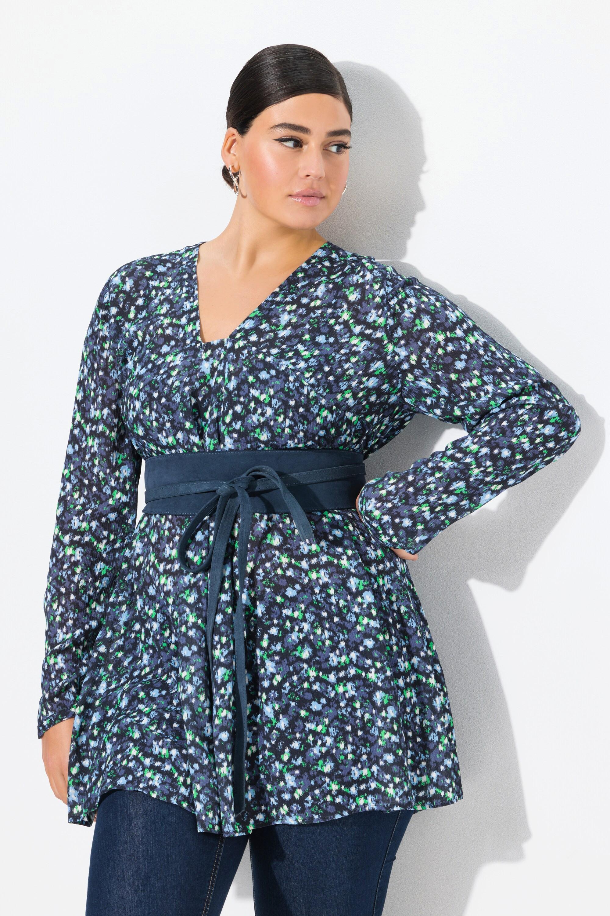 Ulla Popken Bluse, Alloverdruck, A-Linie, Carree-Ausschnitt, Langarm