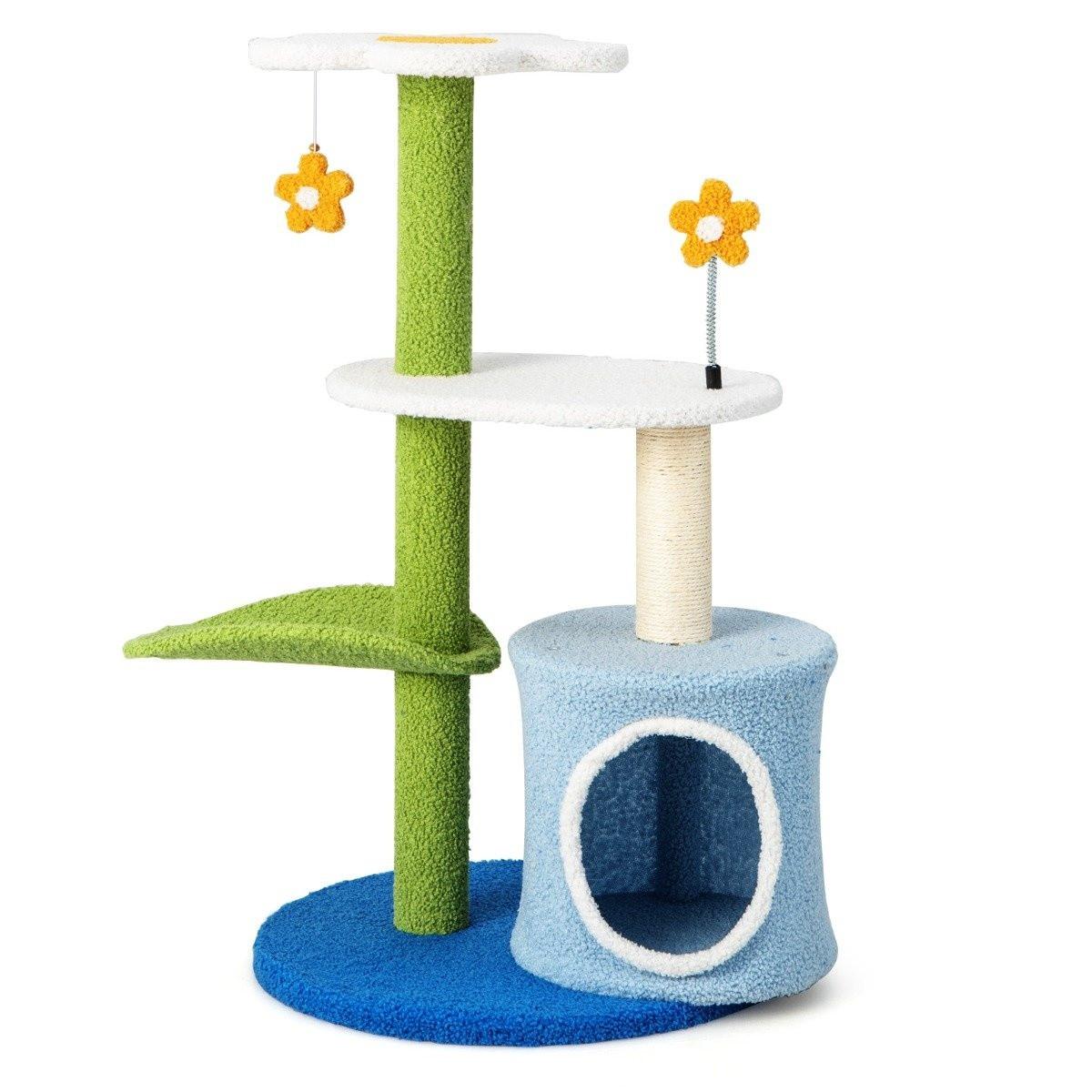 Northix Klein Kratzbaum mit blumenförmiger Sitzfläche & 2 Bällen & blattförmiger Kletterturm Grün+Blau