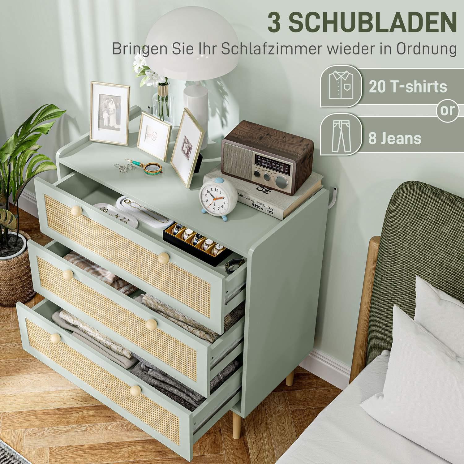 Northio Kommode Beistellschrank mit 3 Schubladen, Sideboard mit Boho-Stil, Rattanoptik, Schubladenkommode für Wohnzimmer, Schlafzimmer, Hellblau 80 x 40 x 87,5 cm Aosom