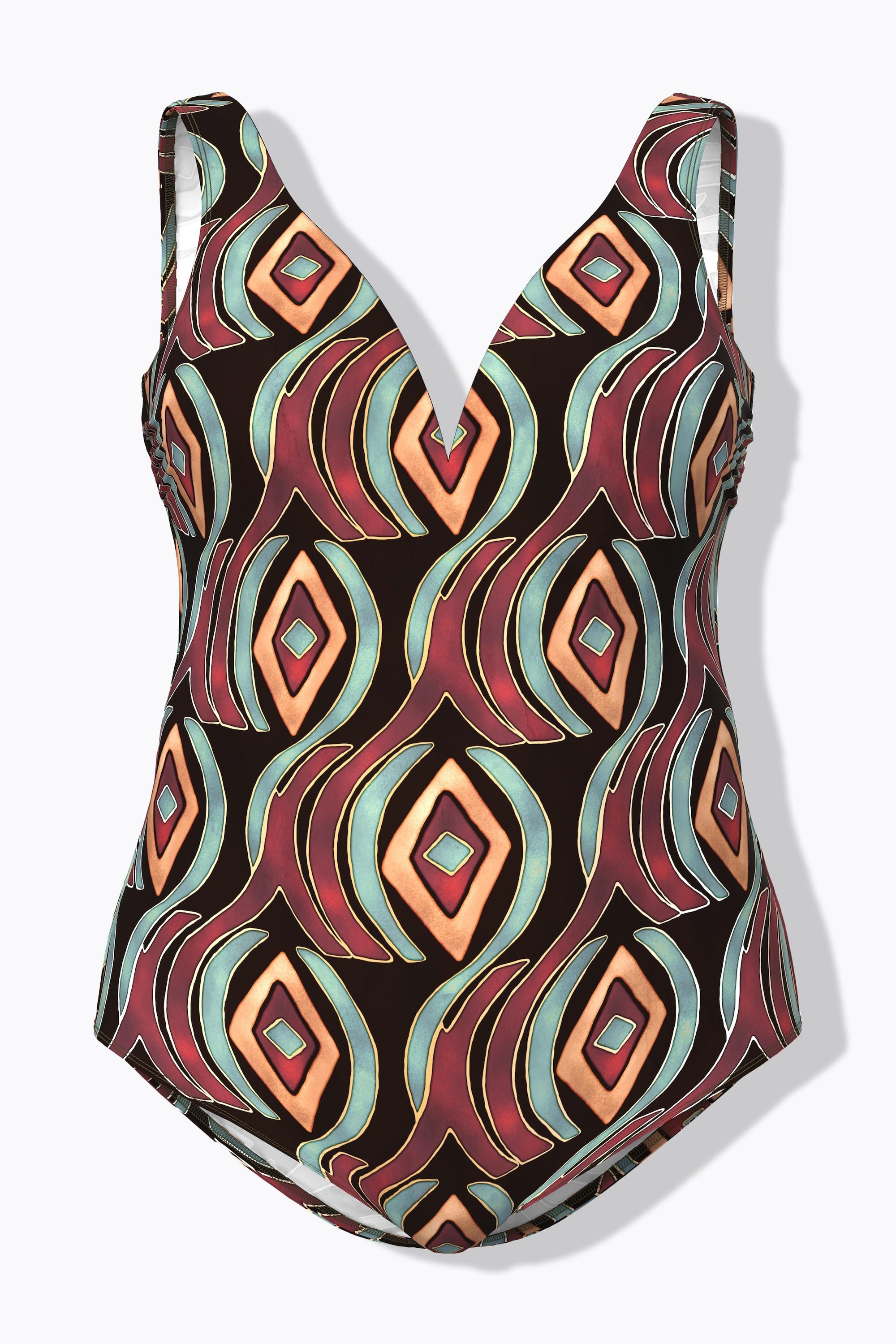 Ulla Popken Badeanzug, grafischer Druck, Softcups, recycelt
