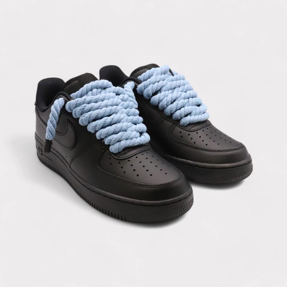 NIKE Air Force 1 Black - Rope Lace Light Blue