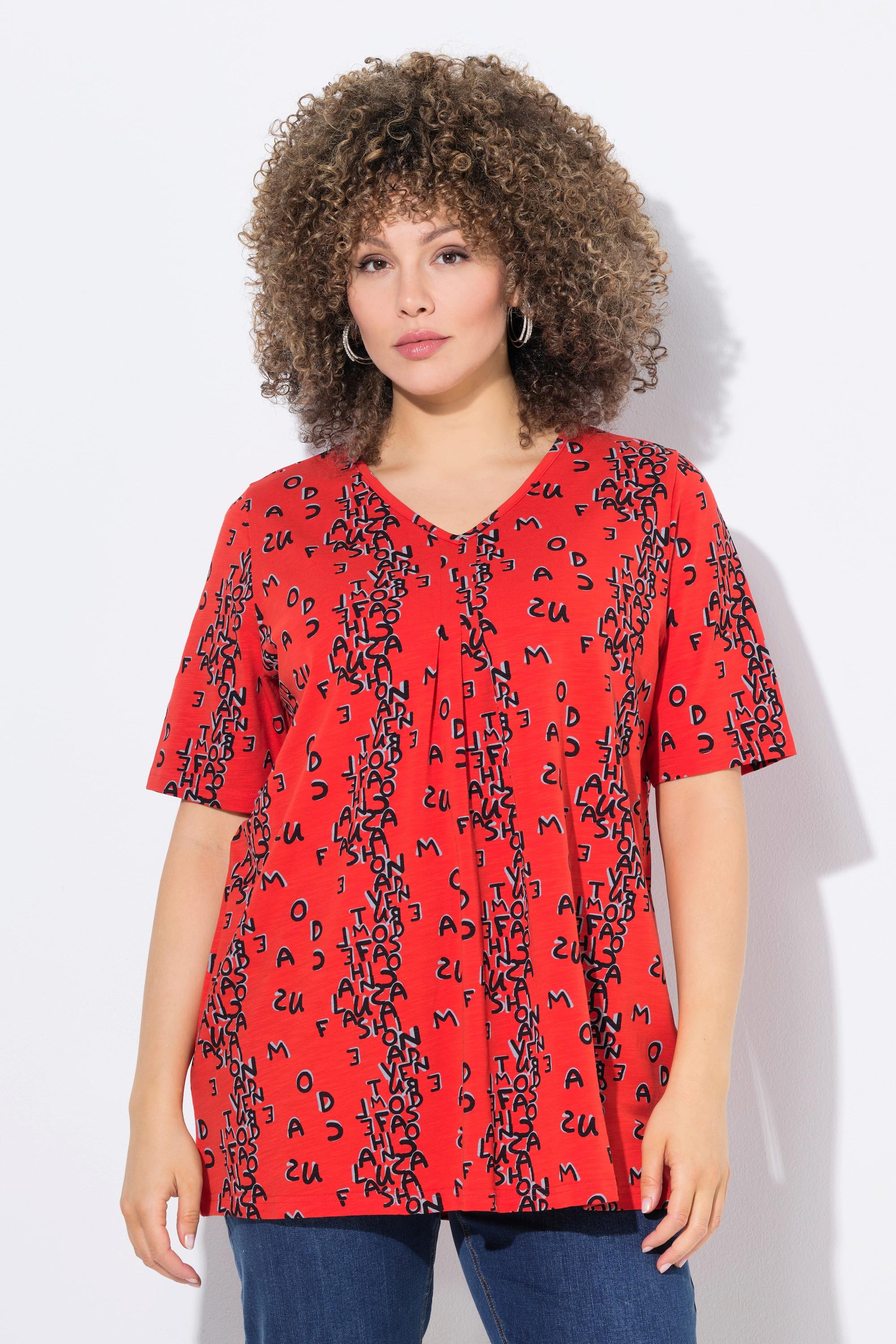 Ulla Popken A-Linie V-Ausschnitt Halbarm T-Shirt mit Buchstabenmuster