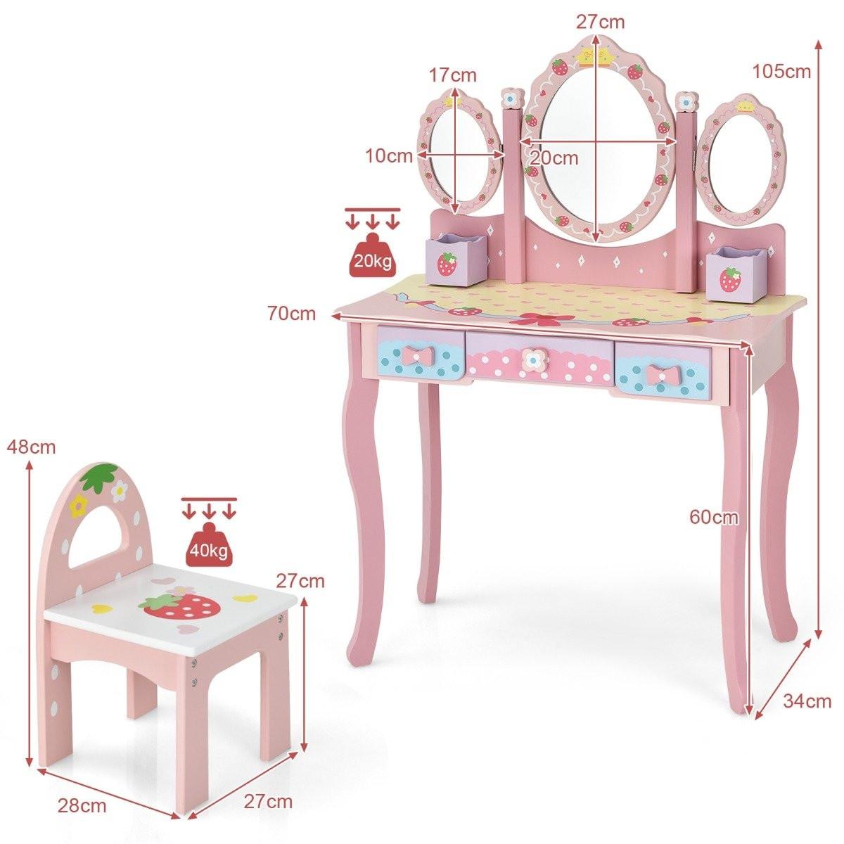 Northix Kinder Schminktisch Kinder Frisier-Set mit Spiegel 70 x 34 x 105 cm Rosa