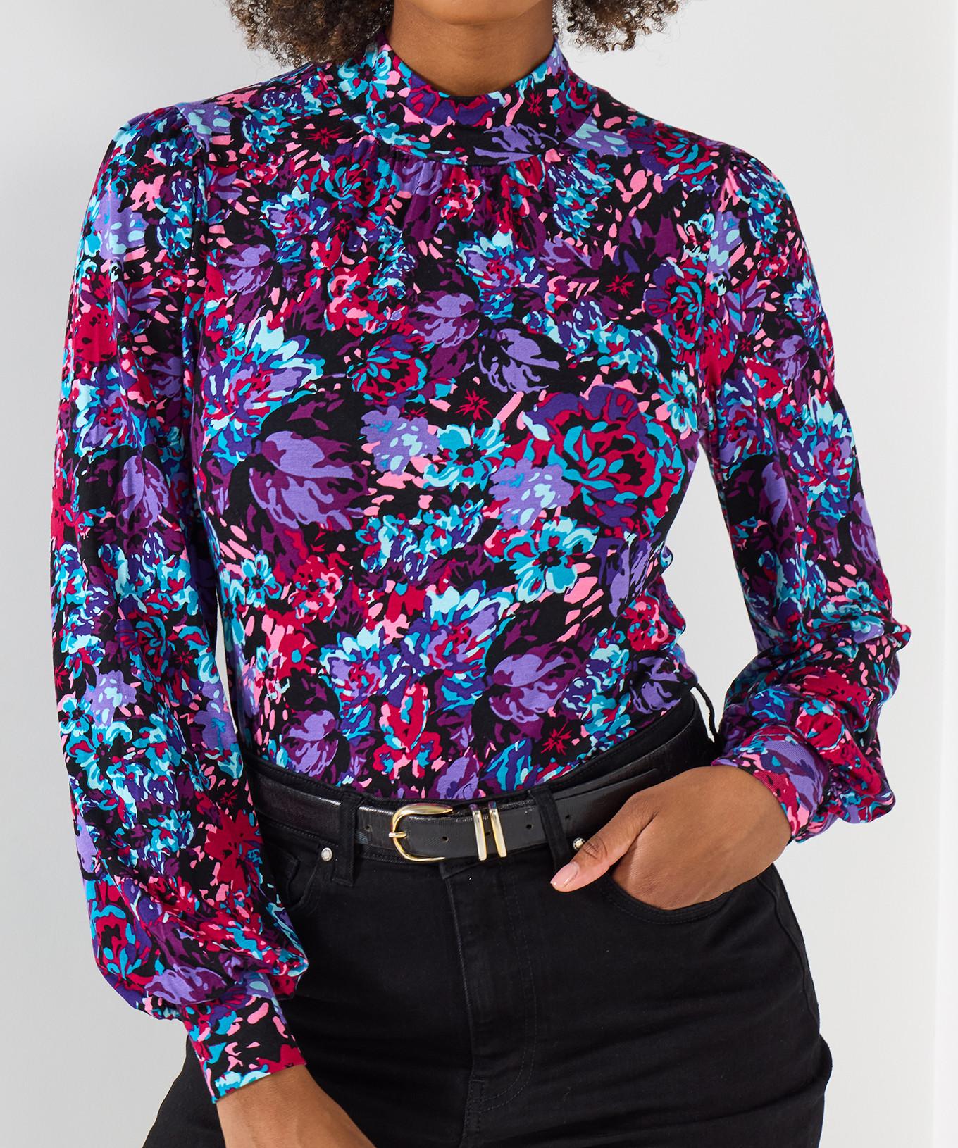 Joe Browns Lebhafter Blumenprint-Jersey-Top mit Stehkragen