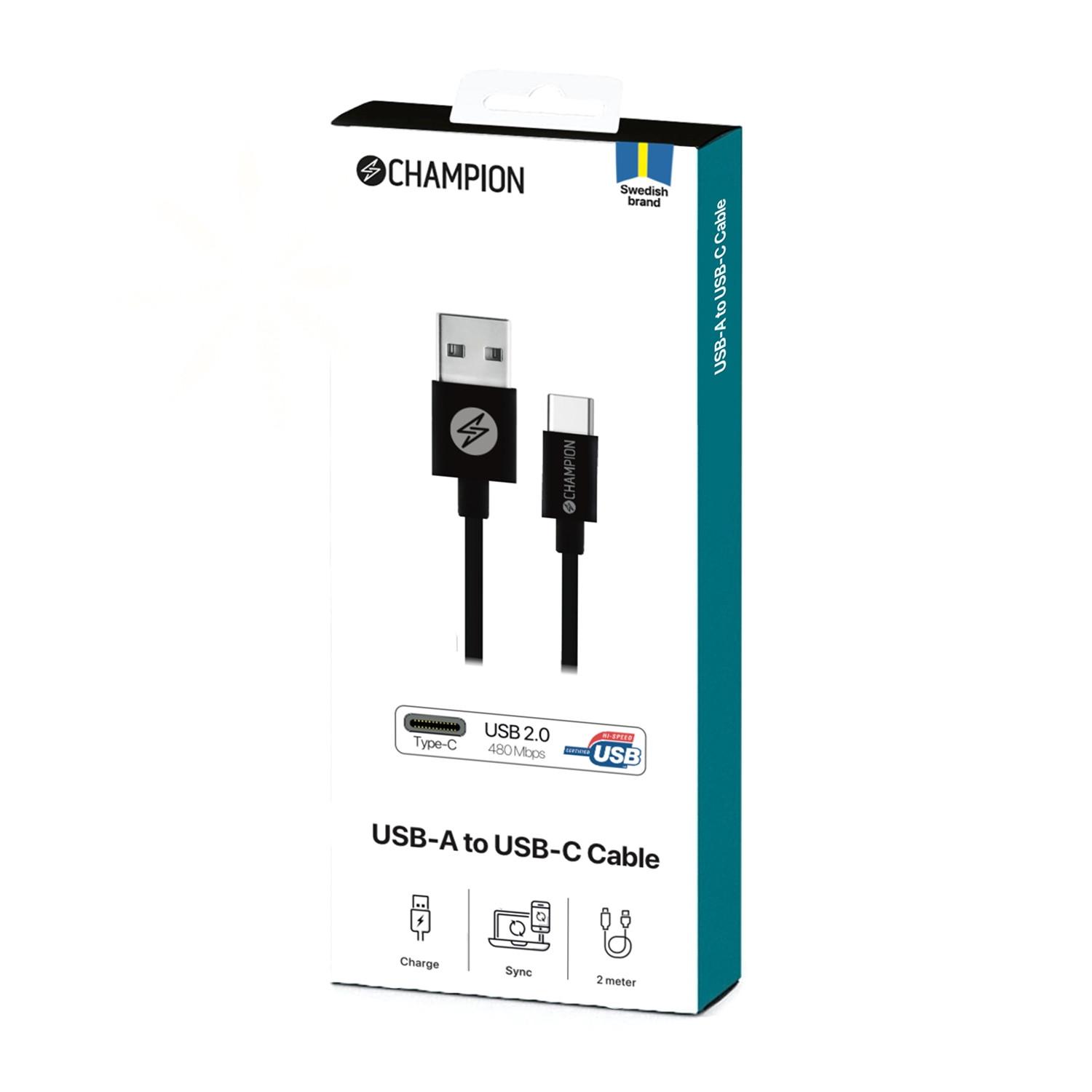 Champion USB-A-auf-USB-C-Kabel, 2 m, Schwarz