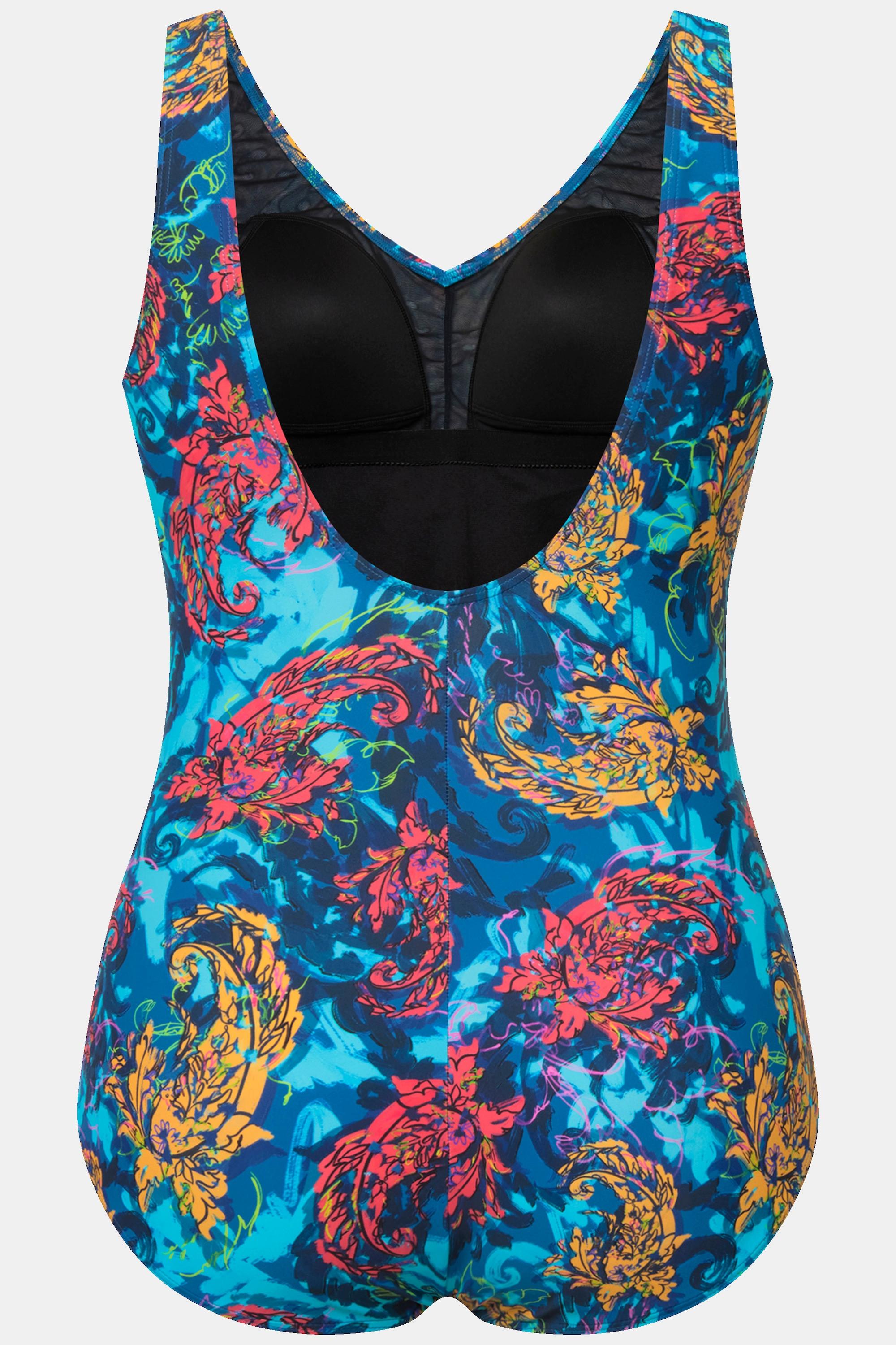 Ulla Popken Badeanzug, Raffung, Softcups, V-Ausschnitt, recycelt