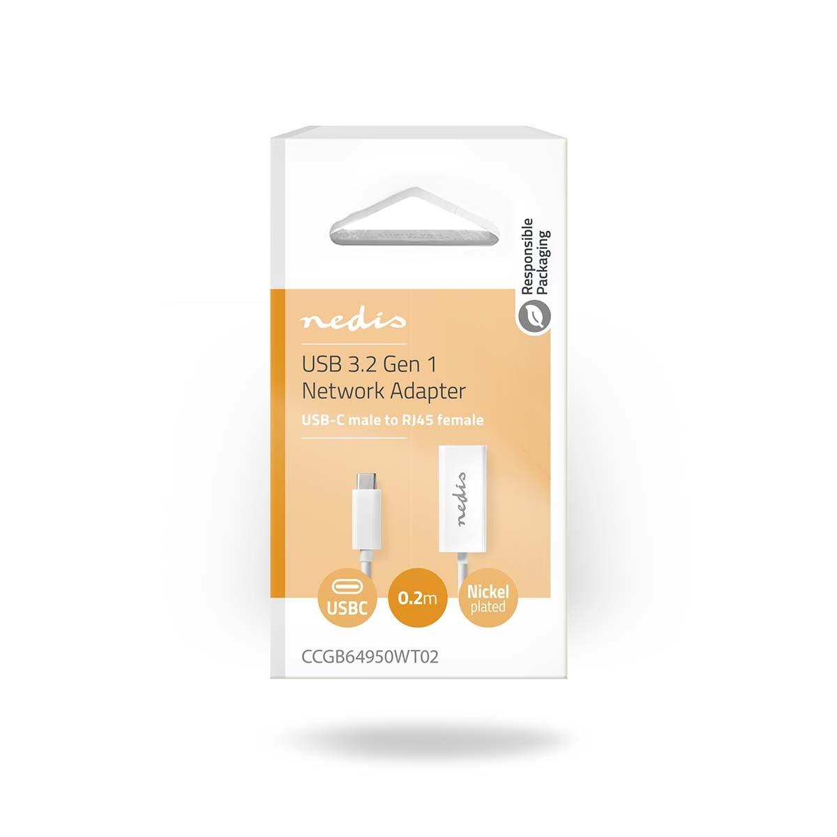 Nedis USB-Netzwerkkarte | USB 3.2 Gen 1 | 1000 Mbps | USB-C™ Stecker | RJ45 Buchse | 0,20 m | Rund | Vernickelt | Getöntes Kupfer | Weiß | Box