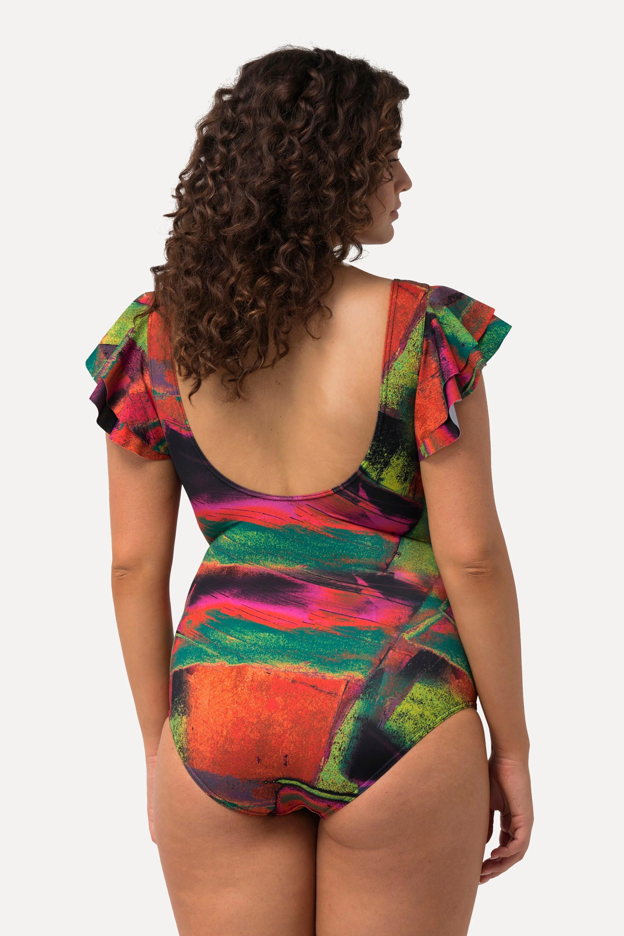 Ulla Popken Badeanzug, Ärmel-Volant, Softcups, Rundhals