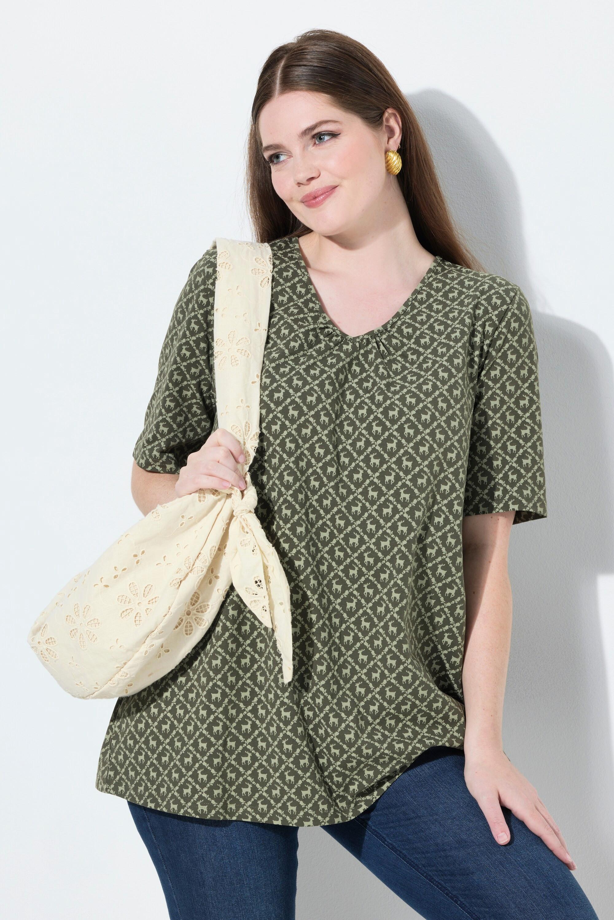 Ulla Popken T-Shirt Trachtenmuster A-Linie V-Ausschnitt Halbarm