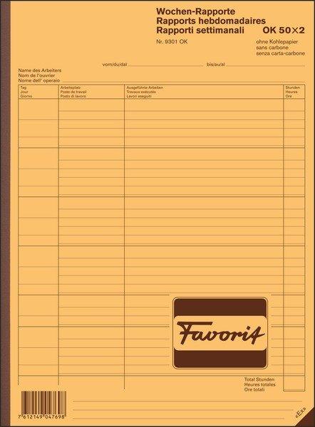 Favorit FAVORIT Wochen-Rapporte D/F/I A4 9301 OK Durchschreibepapier 50x2 Blatt