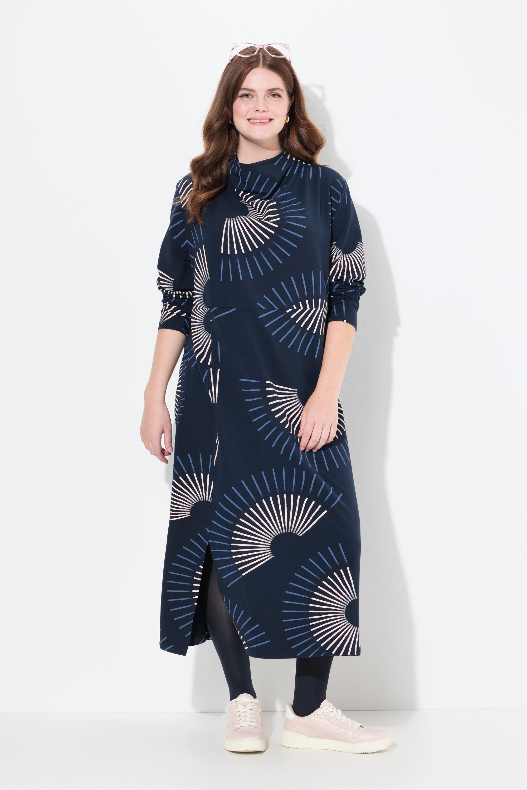 Ulla Popken Maxi Sweatkleid Wasserfallkragen Langarm Biobaumwolle