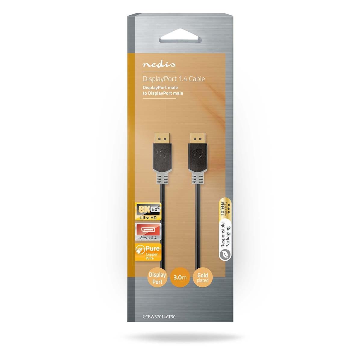Nedis Displayport-Kabel | DisplayPort-Stecker | DisplayPort-Stecker | 8K@60Hz | Vergoldet | 3,00 m | Rund | PVC | Anthrazit / Grau | Box