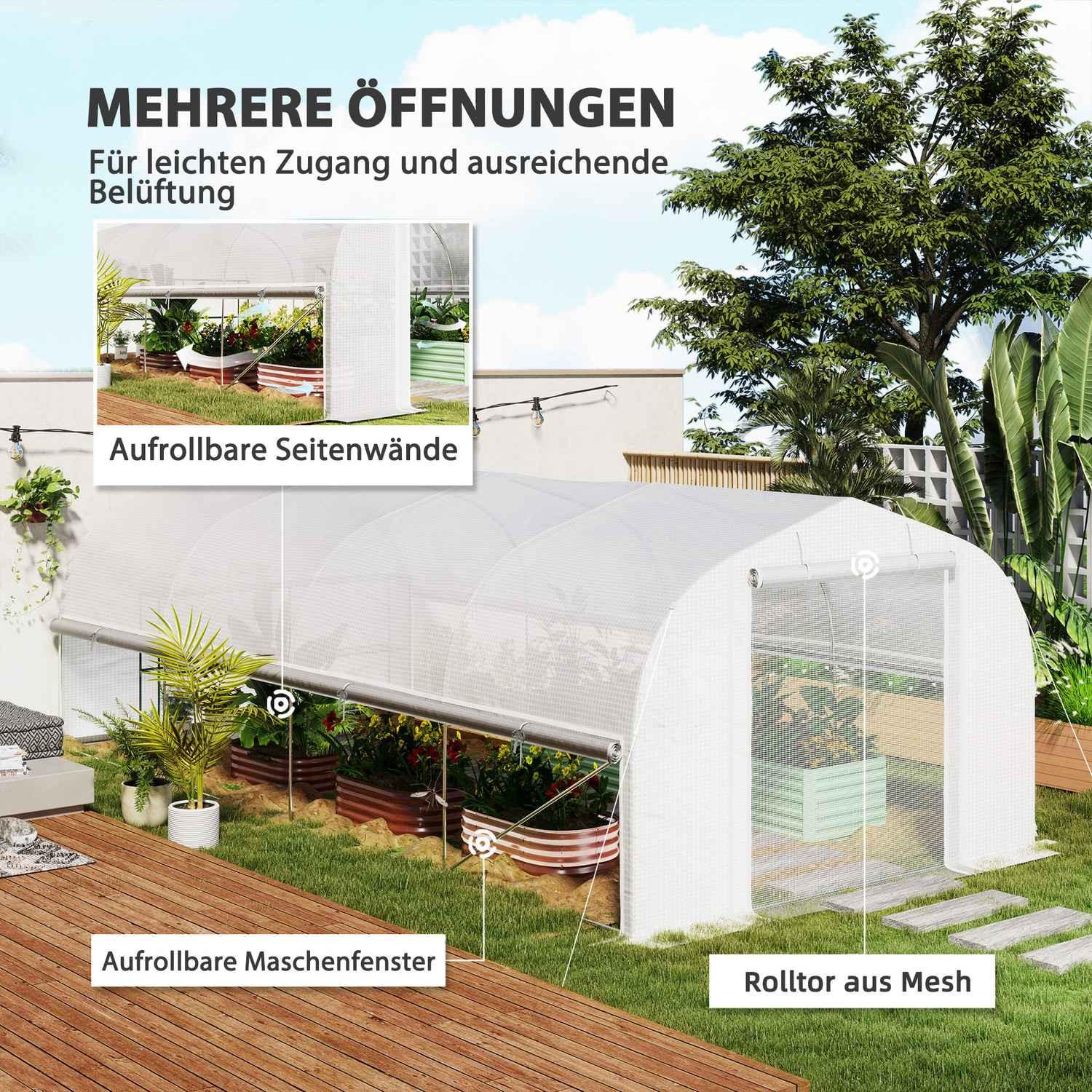 Northio Gewächshaus 6 x 3 x 2 m Foliengewächshaus mit 8 Fenster & Tür, Aufrollbar Seitenwänden, UV-beständiger Folientunnel Tomatenhaus mit verzinkten Stahlrahmen, Weiß