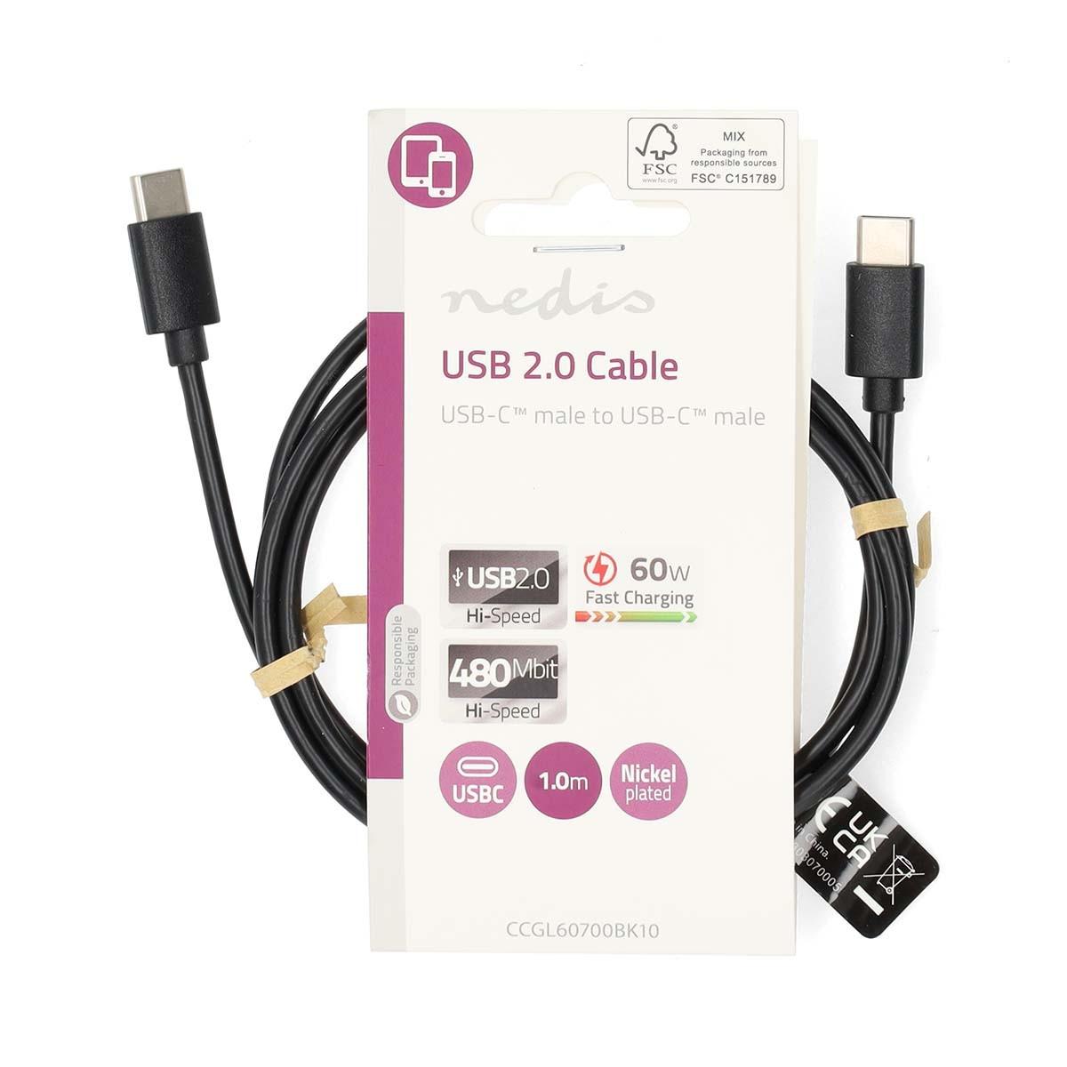 Nedis USB-Kabel | USB 2.0 | USB-C™ Stecker | USB-C™ Stecker | 60 W | 480 Mbps | Vernickelt | 1,00 m | Rund | PVC | Schwarz | Etikett