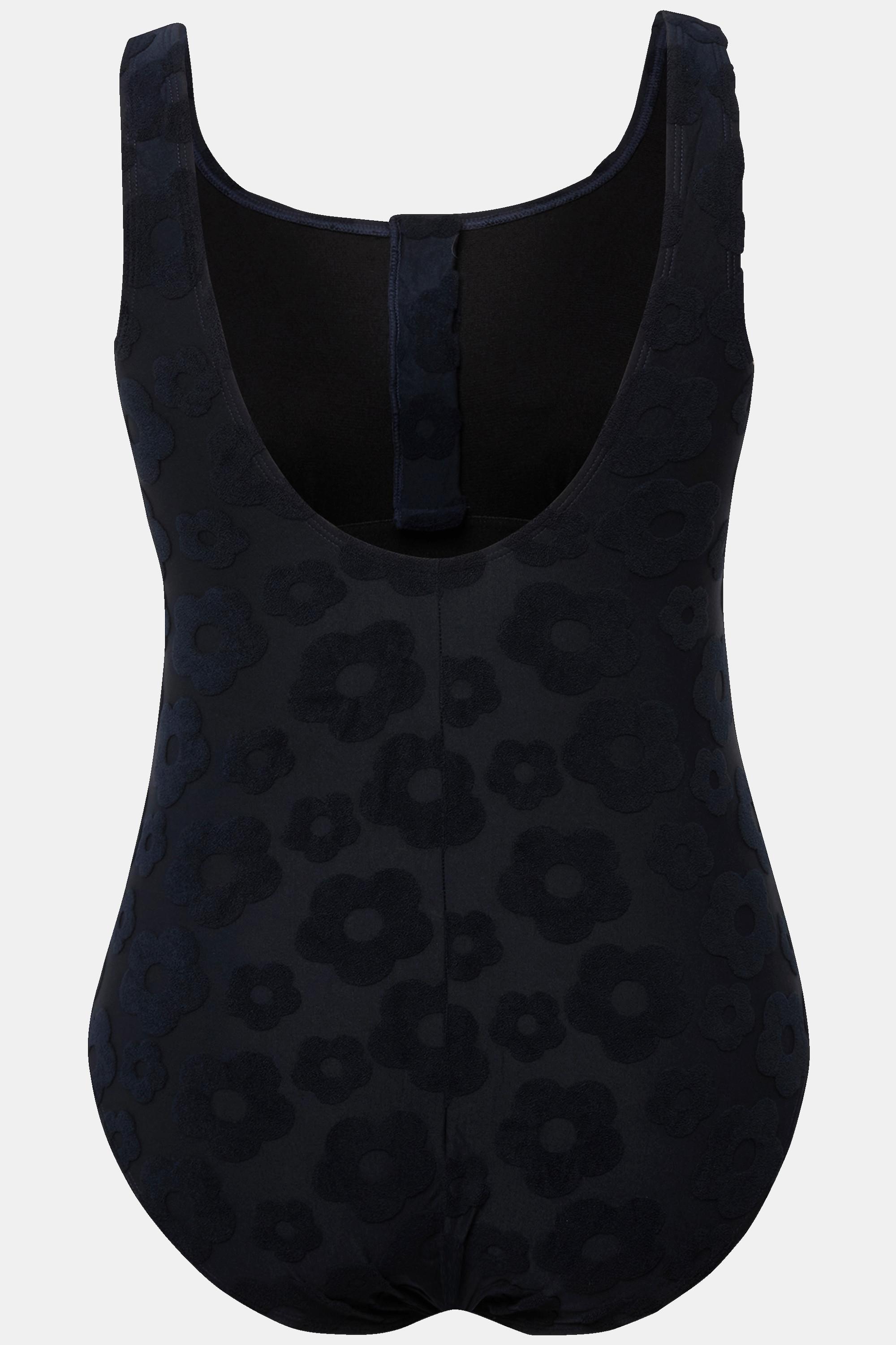 Ulla Popken Badeanzug, Blumen-Struktur, Zipper, ohne Softcups