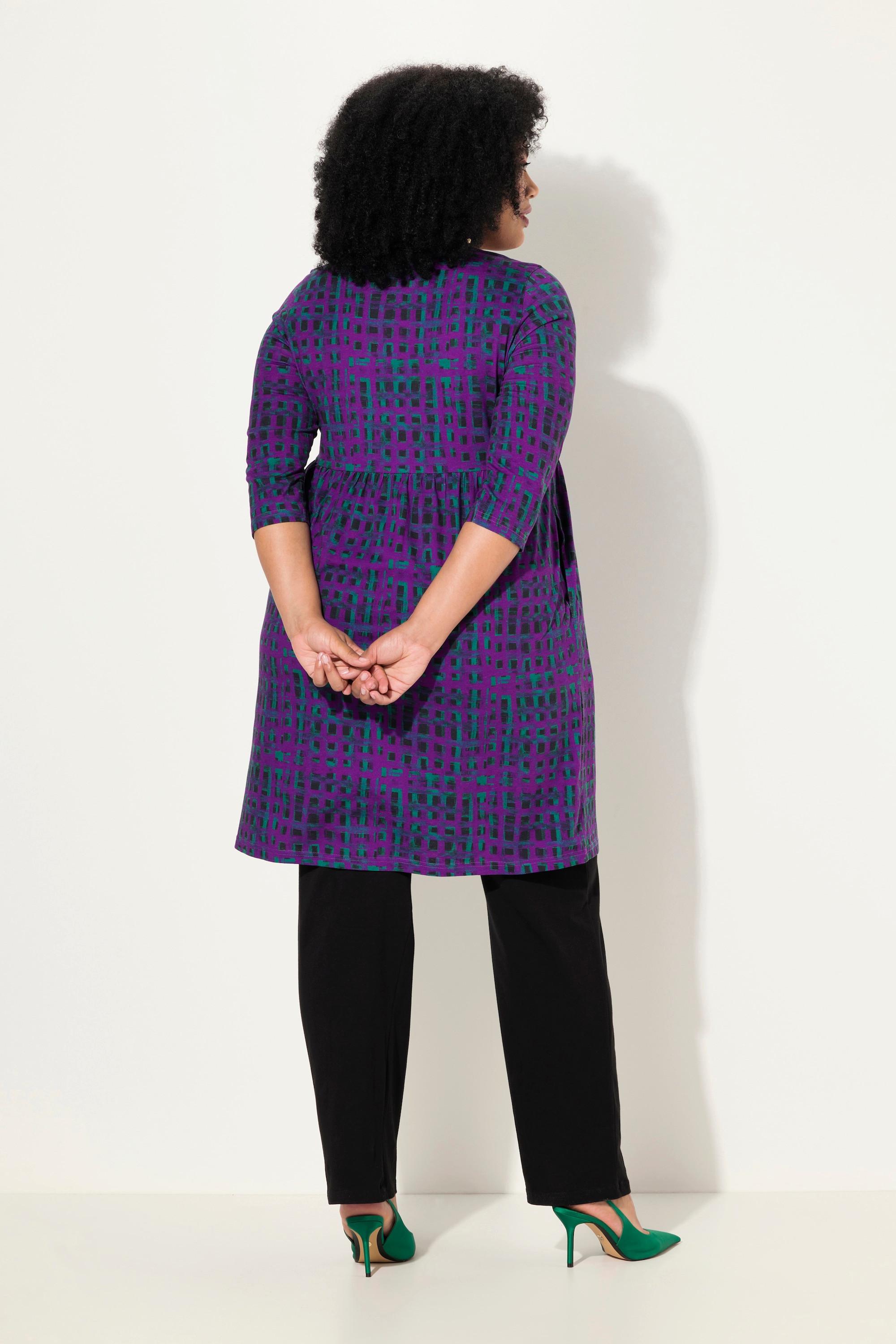 Ulla Popken Longshirt Karo A-Linie Carree-Ausschnitt 3/4-Arm