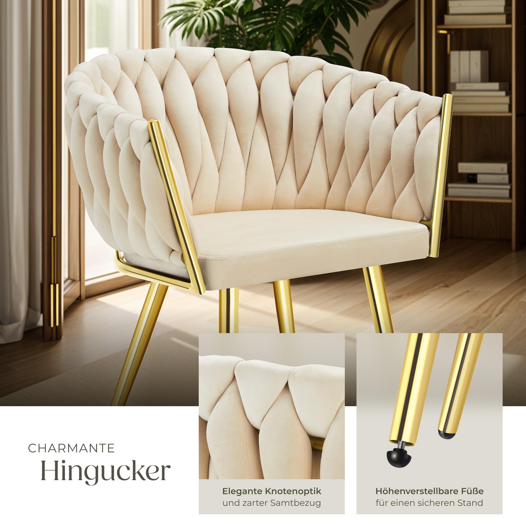 Tectake Set Esszimmerstuhl gepolstert, mit Samtbezug, Knotendesign durchgehende Lehne