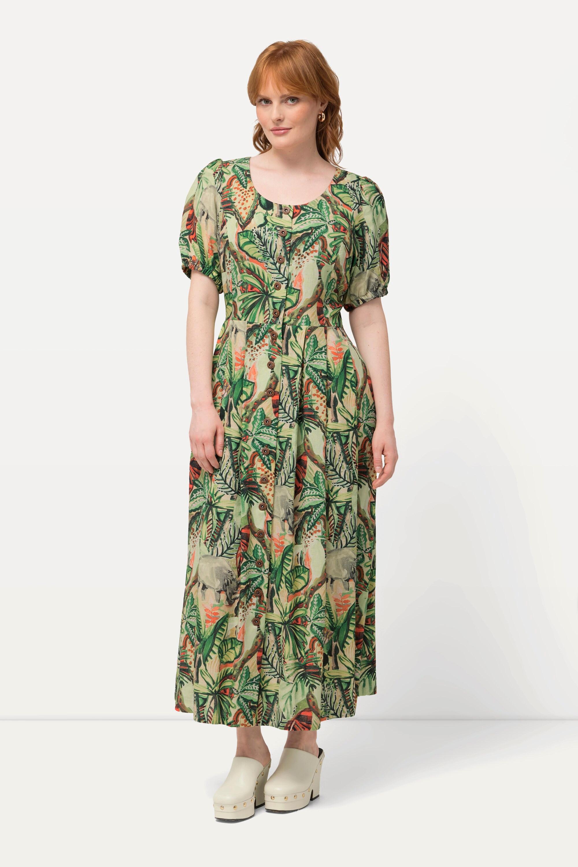 Ulla Popken Blätter Leinenmix Rundhals Halbarm Kleid
