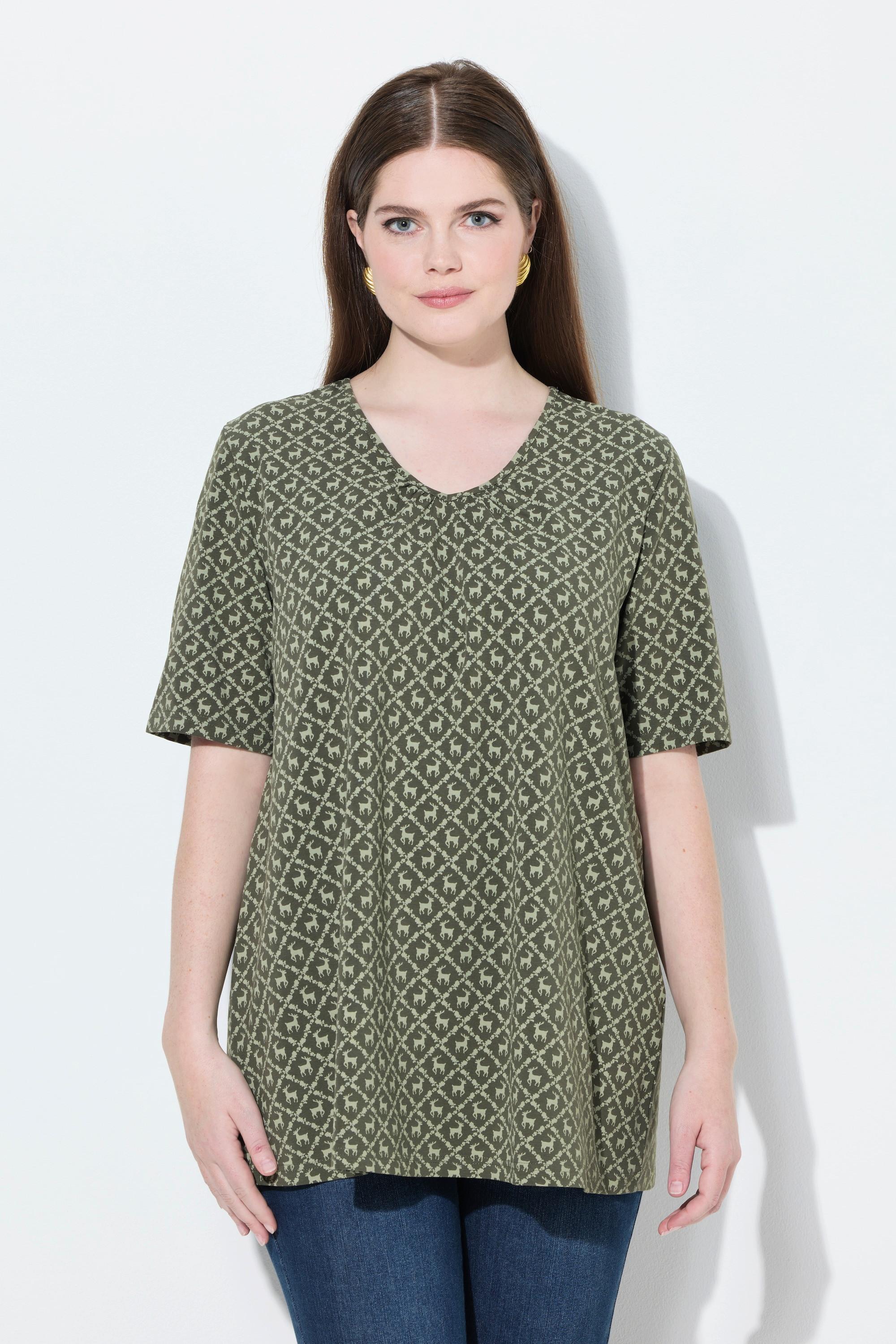 Ulla Popken T-Shirt Trachtenmuster A-Linie V-Ausschnitt Halbarm