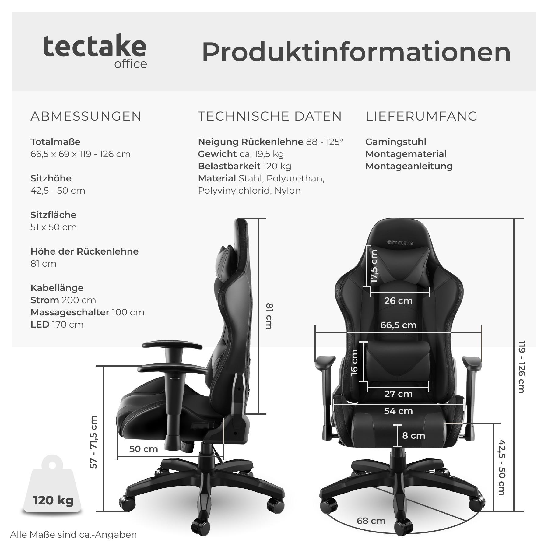 Tectake Gamingstuhl Tartaros, LED, Massagefunktion